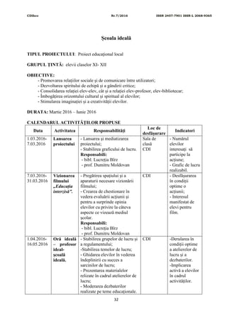 CDIhcc Nr.7/2016 ISSN 2457-7901 ISSN-L 2068-9365
32
Școala ideală
TIPUL PROIECTULUI: Proiect educaţional local
GRUPUL ŢINTĂ: elevii claselor XI- XII
OBIECTIVE:
- Promovarea relațiilor sociale și de comunicare între utilizatori;
- Dezvoltarea spiritului de echipă și a gândirii critice;
- Consolidarea relației elev-elev, cât și a relației elev-profesor, elev-bibliotecar;
- Îmbogățirea orizontului cultural și spiritual al elevilor;
- Stimularea imaginației și a creativității elevilor.
DURATA: Martie 2016 – Iunie 2016
CALENDARUL ACTIVITĂŢILOR PROPUSE
Data Activitatea Responsabilităţi
Loc de
desfăşurare
Indicatori
1.03.2016-
7.03.2016
Lansarea
proiectului
- Lansarea și mediatizarea
proiectului;
- Stabilirea graficului de lucru.
Responsabili:
- bibl. Lucreția Bîrz
- prof. Dumitru Moldovan
Sala de
clasă
CDI
- Numărul
elevilor
interesați să
participe la
acțiune;
- Grafic de lucru
realizabil.
7.03.2016-
31.03.2016
Vizionarea
filmului
„Educația
interzisă”.
- Pregătirea spațiului și a
aparaturii necesare vizionării
filmului;
- Crearea de chestionare în
vedera evaluării acțiunii și
pentru a surprinde opinia
elevilor cu privire la câteva
aspecte ce vizează mediul
școlar.
Responsabili:
- bibl. Lucreţia Bîrz
- prof. Dumitru Moldovan
CDI - Desfășurarea
în condiții
optime o
acțiunii;
- Interesul
manifestat de
elevi pentru
film.
1.04.2016-
16.05.2016
Oră ideală
– profesor
ideal-
școală
ideală.
- Stabilirea grupelor de lucru și
a regulamentului;
-Stabilirea temelor de lucru;
- Ghidarea elevilor în vederea
îndeplinirii cu succes a
sarcinilor de lucru;
- Prezentarea materialelor
relizate în cadrul atelierelor de
lucru;
- Moderarea dezbaterilor
realizate pe teme educaționale.
CDI -Derularea în
condiții optime
a atelierelor de
lucru și a
dezbaterilor.
-Implicarea
activă a elevilor
în cadrul
activităților.
 