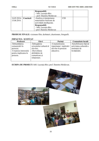 CDIhcc Nr.7/2016 ISSN 2457-7901 ISSN-L 2068-9365
33
Responsabili:
- bibl. Lucreţia Bîrz
- prof. Dumitru Moldovan
16.05.2016-
15.06.2016
Concluzii -Analiza și interpretarea
materialelor furnizate de
activitățile desfășurate.
Responsabili:
- bibl. Lucreţia Bîrz
- prof. Dumitru Moldovan
CDI
PRODUSE FINALE: vizionare film, dezbateri, chestionare, fotografii.
IMPACTUL SCONTAT
Profesori Elevi Parinţi Comunitate locală
-Îmbunătăţirea
comunicării în
proiecte;
-Creşterea interesului
pentru implicarea în
proiecte.
-Îmbogăţirea
orizontului cultural al
elevilor;
-Dezvoltarea
abilităţilor de
comunicare şi
relaţionare.
-Conştientizarea
importanţei implicării
elevilor în proiecte
educative.
-Sensibilizarea faţă de
activitatea culturală a
instituţiei de
învățământ.
ECHIPA DE PROIECT: bibl. Lucreţia Bîrz; prof. Dumitru Moldovan.
 