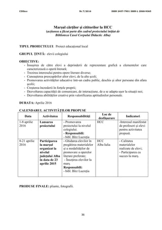 CDIhcc Nr.7/2016 ISSN 2457-7901 ISSN-L 2068-9365
36
Marşul cărţilor şi cititorilor la HCC
(acțiunea a făcut parte din cadrul proiectului inițiat de
Biblioteca Casei Corpului Didactic Alba)
TIPUL PROIECTULUI: Proiect educaţional local
GRUPUL ŢINTĂ: elevii colegiului
OBIECTIVE:
- Însuşirea de către elevi a deprinderii de reprezentare grafică a elementelor care
caracterizează o operă literară;
- Trezirea interesului pentru opere literare diverse;
- Cunoaşterea preocupărilor altor elevi, de la alte şcoli;
- Promovarea activităţilor educative într-un cadru public, deschis şi altor persoane din afara
școlii;
- Creșterea încrederii în forțele proprii;
- Dezvoltarea capacității de comunicare, de interacțiune, de a se adapta ușor la situații noi;
- Dezvoltarea abilităților creative prin valorificarea aptitudinilor personale.
DURATA: Aprilie 2016
CALENDARUL ACTIVITĂŢILOR PROPUSE
Data Activitatea Responsabilităţi
Loc de
desfăşurare
Indicatori
1-8 aprilie
2016
Lansarea
proiectului
- Promovarea
proiectului la nivelul
colegiului.
- Responsabili:
- bibl. Bîrz Lucreția
HCC -Interesul manifestat
de profesori și elevi
pentru activitatea
propusă.
8-21 aprilie
2016
Participarea
la marșul
organizat la
nivelul
județului Alba
în data de 23
aprilie 2015
- Ghidarea elevilor în
pregătirea materialelor
și a modalităților de
promovare a operelor
literare preferate;
- Însoțirea elevilor la
marș.
Responsabili:
- bibl. Bîrz Lucreția
HCC
Alba Iulia
- Calitatea
materialelor
realizate de elevi;
- Participarea cu
succes la marș.
PRODUSE FINALE: pliante, fotografii.
 