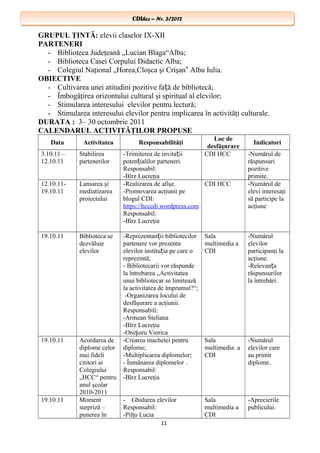 CDIhcc – Nr. 3/2012CDIhcc – Nr. 3/2012
GRUPUL ŢINTĂ: elevii claselor IX-XII
PARTENERI
- Biblioteca Judeţeană „Lucian Blaga“Alba;
- Biblioteca Casei Corpului Didactic Alba;
- Colegiul Naţional „Horea,Cloşca şi Crişan Alba Iulia.‟
OBIECTIVE
- Cultivarea unei atitudini pozitive fa ă de bibliotecă;ț
- Îmbogăţirea orizontului cultural şi spiritual al elevilor;
- Stimularea interesului elevilor pentru lectură;
- Stimularea interesului elevilor pentru implicarea în activităţi culturale.
DURATA : 3– 30 octombrie 2011
CALENDARUL ACTIVITĂŢILOR PROPUSE
Data Activitatea Responsabilităţi
Loc de
desfăşurare
Indicatori
3.10.11 –
12.10.11
Stabilirea
partenerilor
-Trimiterea de invita iiț
poten ialilor parteneri.ț
Responsabil:
-Bîrz Lucreţia
CDI HCC -Numărul de
răspunsuri
pozitive
primite.
12.10.11-
19.10.11
Lansarea şi
mediatizarea
proiectului
-Realizarea de afişe.
-Promovarea acţiunii pe
blogul CDI:
https://hcccdi.wordpress.com
Responsabil:
-Bîrz Lucreţia
CDI HCC -Numărul de
elevi interesaţi
să participe la
acţiune
19.10.11 Biblioteca se
dezvăluie
elevilor
-Reprezentan ii bibliotecilorț
partenere vor prezenta
elevilor institu ia pe care oț
reprezintă;
- Bibliotecarii vor răspunde
la întrebarea „Activitatea
unui bibliotecar se limitează
la activitatea de împrumut?“;
-Organizarea locului de
desfăşurare a acţiunii.
Responsabili:
-Armean Steliana
-Bîrz Lucreţia
-Oni oru Vioricaș
Sala
multimedia a
CDI
-Numărul
elevilor
participanţi la
acţiune.
-Relevan aț
răspunsurilor
la întrebări.
19.10.11 Acordarea de
diplome celor
mai fideli
cititori ai
Colegiului
„HCC“ pentru
anul şcolar
2010-2011
-Crearea machetei pentru
diplome;
-Multiplicarea diplomelor;
- Înmânarea diplomelor .
Responsabil:
-Bîrz Lucreţia
Sala
multimedia a
CDI
-Numărul
elevilor care
au primit
diplome.
19.10.11 Moment
surpriză –
punerea în
- Ghidarea elevilor
Responsabil:
-Pilţu Lucia
Sala
multimedia a
CDI
-Aprecierile
publicului.
11
 