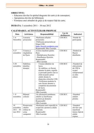 CDIhcc – Nr. 3/2012CDIhcc – Nr. 3/2012
OBIECTIVE:
- Educarea elevilor în spiritul dragostei de carte şi de cunoaştere;
- Apropierea elevilor de bibliotecă;
- Formarea unei atitudini de grije şi de respect faţă de carte;
DURATA: 3 octombrie 2011 – 30 mai 2012
CALENDARUL ACTIVITĂŢILOR PROPUSE
Data Activitatea Responsabilităţi
Loc de
desfăşurare
Indicatori
3 -6
Octombrie
Lansarea
proiectului
-Realizarea afişului
proiectului.
-Publicarea proiectului pe
blogul CDI:
https://hcccdi.wordpress.com
Responsabil: Bîrz Lucreţia
CDI HCC -Număr de
participanţi.
5-27
octombrie
Crearea şi
răspândirea
de flyere
-Crerea machetei pentru
flyer;
- Multiplicarea flyerelor;
- Distribuirea flyerelor.
Responsabil:
-Bîrz Lucreţia
CDI HCC -Nmărul de
flayere
distribuite.
5-30
octombrie
Stabilirea
detalilor
donaţiei
- Crearea tabelelor de
lucru;
- Se stabilesc, cu fiecare
donator în parte, regulile
şi perioada pentru care se
oferă să pună cartea/
cărţile donate la
dispoziţia cititorilor CDI;
- Verificarea modului în
care fiecare donator a
completat documentele
de lucru.
Responsabil:
-Bîrz Lucreţia
CDI HCC -Numărul de
cărţi primite
de CDI în
scopul
reîmprumutul
ui către
cititori.
1 -9
noiembrie
Bilanţul
colectei
-Se efectuează numărarea
cărţilor şi clasificarea
acestora pe domenii.
Responsabil:
-Bîrz Lucreţia
CDI HCC -Numărul
cărţilor
primite.
10
noiembrie
2011 – 30
mai 2012
Promovarea
cărţilor
strânse în
urma
campaniei
-Realizarea unei expozi ii înț
scopul de a promova cărţile
colectate.
Responsabil:
-Bîrz Lucreţia
CDI HCC -Numărul
elevilor care
manifestă
interes faţă de
cărţile
expuse.
16
 