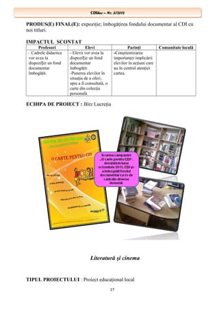 CDIhcc – Nr. 3/2012CDIhcc – Nr. 3/2012
PRODUS(E) FINAL(E): expoziţie; îmbogăţirea fondului documentar al CDI cu
noi titluri.
IMPACTUL SCONTAT
Profesori Elevi Parinţi Comunitate locală
- Cadrele didactice
vor avea la
dispozi ie un fondț
documentar
îmbogăţit.
- Elevii vor avea la
dispozi ie un fondț
documentar
îmbogăţit.
-Punerea elevilor în
situaţia de a oferi,
spre a fi consultată, o
carte din colecţia
personală.
-Conştientizarea
importanţei implicării
elevilor în acţiuni care
au în centrul atenţiei
cartea.
ECHIPA DE PROIECT : Bîrz Lucreţia
Literatură şi cinema
TIPUL PROIECTULUI : Proiect educaţional local
17
 