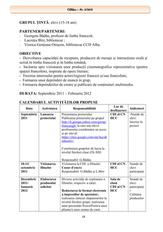 CDIhcc – Nr. 3/2012CDIhcc – Nr. 3/2012
GRUPUL ŢINTĂ: elevi (15-18 ani)
PARTENER/PARTENERI:
- Georgeta Bădău, profesor de limba franceză;
- Lucreţia Bîrz, bibliotecar ;
- Viorica Genţiana Onişoru, bibliotecar CCD Alba.
OBIECTIVE
- Dezvoltarea capacităţii de receptare, producere de mesaje şi interacţiune orală şi
scrisă în limba franceză şi în limba română;
- Incitarea spre vizionarea unor producţii cinematografice reprezentative (pentru
spaţiul francofon), inspirate de opere literare;
- Trezirea interesului pentru actori/regizori francezi şi/sau francofoni;
- Formarea unor deprinderi de muncă în grup;
- Formarea deprinderilor de creare şi publicare de conţinuturi multimedia.
DURATA: Septembrie 2011 – Februarie 2012
CALENDARUL ACTIVITĂŢILOR PROPUSE
Data Activitatea Responsabilităţi
Loc de
desfăşurare
Indicatori
Septembrie
2011
Lansarea
proiectului
Prezentarea proiectului
Publicarea proiectului pe grupul
http://fr.groups.yahoo.com/group/
francaisgb/ la care toţi elevii
profesorului coordonator au acces
şi pe site-ul:
https://sites.google.com/site/hccab
educativ/
Constituirea grupelor de lucru la
nivelul fiecărei clase (IX-XII)
Responsabil: G.Bădău
CDI al CN
HCC
-Număr de
elevi
înscrişi în
proiect
10-14
octombrie
2011
Vizionarea
filmelor
Vizionarea la CDI a filmului
Coeur d’encre
Responsabili: G.Bădău şi L.Bîrz
CDI al CN
HCC
Număr de
elevi
participanţ
i
Decembrie
2011-
Ianuarie
2012
Elaborarea
produsului
solicitat
Diverse activităţi de exploatare a
filmului, respectiv a cărţii:
Redactarea în format electronic
a impresiilor de spectator;
realizarea sintezei răspunsurilor la
nivelul fiecărei grupe; realizarea
unor prezentări PowerPoint/a unor
pliante/a unor semne de carte
Sala de
clasă
CDI al CN
HCC
Număr de
elevi
participanţ
i
Calitatea
produselor
18
 