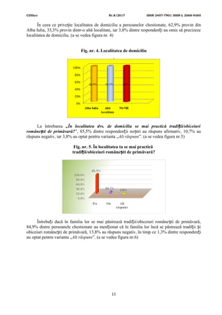 CDIhcc Nr.8/2017 ISSN 2457-7901 ISSN-L 2068-9365
În ceea ce prive te localitatea de domiciliu a persoanelor chestionate, 62,9% provin dinș
Alba Iulia, 33,3% provin dintr-o altă localitate, iar 3,8% dintre responden i au omis să precizezeț
localitatea de domiciliu. (a se vedea figura nr. 4)
Fig. nr. 4. Localitatea de domiciliu
La întrebarea „În localitatea dvs. de domiciliu se mai practică tradi ii/obiceiuriț
române ti de primăvară?ș ”, 85,5% dintre responden ii no tri au răspuns afirmativ, 10,7% auț ș
răspuns negativ, iar 3,8% au optat pentru varianta „Alt răspuns”. (a se vedea figura nr.5)
Fig. nr. 5. În localitatea ta se mai practică
tradi ii/obiceiuri române ti de primăvară?ț ș
Întreba i dacă în familia lor se mai păstrează tradi ii/obiceiuri române ti de primăvară,ț ț ș
84,9% dintre persoanele chestionate au men ionat că în familia lor încă se păstrează tradi ii iț ț ș
obiceiuri române ti de primăvară, 13,8% au răspuns negativ, în timp ce 1,3% dintre responden iș ț
au optat pentru varianta „Alt răspuns”. (a se vedea figura nr.6)
11
 