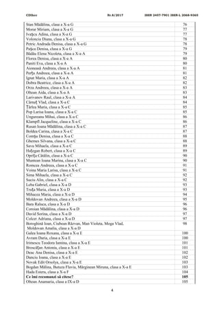 CDIhcc Nr.8/2017 ISSN 2457-7901 ISSN-L 2068-9365
Stan Mădălina, clasa a X-a G 76
Morar Miriam, clasa a X-a G 77
Iva cu Adina, clasa a X-a Gș 77
Volonciu Diana, clasa a X-a G 78
Petric Andrada Denisa, clasa a X-a G 78
Pa ca Denisa, clasa a X-a Gș 79
Bădău Elena Nicoleta, clasa a X-a A 79
Florea Denisa, clasa a X-a A 80
Paniti Eva, clasa a X-a A 80
Aioneasă Andreea, clasa a X-a A 81
Per a Andreea, clasa a X-a Aț 81
Ignat Maria, clasa a X-a A 82
Dobra Beatrice, clasa a X-a A 82
Orza Andreea, clasa a X-a A 83
Oltean Aida, clasa a X-a A 83
Larivanov Raul, clasa a X-a A 84
Cârna Vlad, clasa a X-a Cț 84
ârlea Maria, clasa a X-a CȚ 85
Pop Larisa Ioana, clasa a X-a C 85
Ungureanu Mihai, clasa a X-a C 86
Klampfl Jacqueline, clasa a X-a C 86
Rusan Ioana Mădălina, clasa a X-a C 87
Boldea Carina, clasa a X-a C 87
Com a Denisa, clasa a X-a Cș 88
Ghemes Silvana, clasa a X-a C 88
Savu Mihaela, clasa a X-a C 89
Ha egan Robert, clasa a X-a Cț 89
Opri a Cătălin, clasa a X-a Cț 90
Muntean Ioana Marina, clasa a X-a C 90
Romcea Andreea, clasa a X-a C 91
Voina Maria Larisa, clasa a X-a C 91
Sima Mihaela, clasa a X-a C 92
Suciu Alin, clasa a X-a C 92
Leba Gabriel, clasa a X-a D 93
Tru a Maria, clasa a X-a Dț 93
Mihacea Maria, clasa a X-a D 94
Moldovan Andreea, clasa a X-a D 95
Bara Raluca, clasa a X-a D 96
Coroian Mădălina, clasa a X-a D 96
David Sorina, clasa a X-a D 97
Colcer Adriana, clasa a X-a D 97
Boroghină Ioan, Ciubean Răzvan, Man Violeta, Moga Vlad,
Moldovan Amalia, clasa a X-a D
98
Galea Ioana Roxana, clasa a X-a E 100
Avram Daria, clasa a X-a E 100
Irimescu Teodora Iamina, clasa a X-a E 101
Broscă an Antonia, clasa a X-a Eț 101
Deac Ana Denisa, clasa a X-a E 102
Danciu Ioana, clasa a X-a E 102
Novak Edit Orsolya, clasa a X-a E 103
Bogdan Mălina, Butuza Flavia, Mărginean Miruna, clasa a X-a E 103
Hada Estera, clasa a X-a F 104
Ce îmi recomanzi să citesc? 105
Oltean Anamaria, clasa a IX-a D 105
4
 