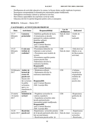 CDIhcc Nr.8/2017 ISSN 2457-7901 ISSN-L 2068-9365
- Desfăşurarea de activităţi educative în comun, la fiecare dintre şcolile implicate în proiect;
- Încurajarea corespondenţei la distanţă prin intermediul po tei tradi ionale;ș ț
- Îmbogăţirea orizontului cultural şi spiritual al elevilor;
- Dezvoltarea capacită ilor de exprimare scrisă i orală;ț ș
- Educarea elevilor în spiritul dragostei pentru carte şi cunoaştere.
DURATA: Februarie - Martie 2017
CALENDARUL ACTIVITĂŢILOR PROPUSE
Data Activitatea Responsabilităţi
Loc de
desfăşurare
Indicatori
13-17
februarie
2017
Lansarea
proiectului
-Stabilirea graficului de lucru.
-Comunicarea cu coalaș
parteneră în vederea stabilirii
detaliilor ac iunii.ț
Responsabili:
-prof. Carmen Busuioc
- bibl. Lucreţia Bîrz
Sala de clasă
CDI
-Grafic de
lucru
realizabil.
15-23
februarie
2017
Ce i cumș
trebuie să
realizăm?
-Prezentarea tehnicilor de
redactare a unei scrisori.
- Prezentarea unor modele de
scrisori.
-Prezentarea regulilor pentru
crearea puzzle-ului.
-Îndrumarea elevilor în
realizarea lucrărilor.
Responsabil:
-prof. Carmen Busuioc
CDI
Sala de clasă
-To i elevii auț
în eles ce auț
de făcut pentru
activitate.
24 februarie
2017
Atelier de
lectură iș
creare de
puzzle-uri:
fiecare elev
î i va lecturaș
în public
scrisoarea,
apoi o va
transforma în
puzzle.
- Moderarea ac iunii.ț
- Îndrumarea elevilor în
realizarea materialelor.
Responsabili:
-prof. Carmen Busuioc
-bibl. Lucreţia Bîrz
CDI -Calitatea
lucrărilor iș
originalitatea
modului de
creare a
puzzle-ului.
25 martie
-16 martie
2017
Schimbul de
scrisori
- Pregătirea scrisorilor în
vederea expedierii;
- Expedierea scrisorilor către
coala parteneră prinș
intermediul po tei tradi ionale.ș ț
Responsabili:
-prof. Carmen Busuioc
-bibl. Lucreţia Bîrz
CDI -Respectarea
graficului de
lucru.
16-24
martie 2017
Rezolvăm
puzzle-uri
-Repartizarea scrisorilor primite
de la coala parteneră către eleviș
într-un mod aleator.
- Rezolvarea puzzle-urilor iș
CDI
Sala de clasă
- Repartizarea
cu succes a
scrisorilor.
- Rezolvarea
42
 