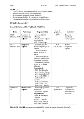 CDIhcc Nr.8/2017 ISSN 2457-7901 ISSN-L 2068-9365
OBIECTIVE:
- Valorificarea i promovarea culturii i a scriitorilor locali;ș ș
- Sensibilizarea elevilor în favoarea lecturii;
- Dezvoltarea orizontului cultural al elevilor;
- Dezvoltarea abilită ilor de comunicare i socializare;ț ș
- Stimularea talentului artistic i a imagina iei creatoare.ș ț
DURATA: Februarie 2017
CALENDARUL ACTIVITĂŢILOR PROPUSE
Data Activitatea Responsabilităţi
Loc de
desfăşurare
Indicatori
13-23
februarie 2017
Lansarea iș
mediatizarea
ac iuniiț
- Crearea afi uluiș
ac iunii;ț
- Popularizarea ac iunii.ț
Responsabil:
-bibl. Bîrz Lucre iaț
HCC -Interesul
manifestat
pentru ac iune.ț
19 -22
februarie 2017
Pregătirea
ac iuniiț
- Înscrierea elevilor
doritori să participe la
ac iune.ț
- Ghidarea elevilor
pentru recitalul de
poezie.
- Ghidarea elevilor în
realizarea traducerilor
(engleză i germană).ș
- Amenajarea spa iuluiț
în care se va derula
ac iunea.ț
Responsabili:
- bibl. Bîrz Lucre iaț
- prof. Busuioc Carmen
- prof. Cetean Daniela
- prof. Lodoabă Liviu
- prof. Modovan
Dumitru
- prof. Rusu Petriana
- prof. Secară Alina
- prof. Suciu Gabriela
CDI
Sala de clasă
-O bună
pregătire a
ac iunii.ț
24 februarie
2017
Desfă urareaș
ac iuniiț
- Primirea i ghidareaș
invita ilor;ț
- Moderarea ac iunii.ț
Responsabili:
- prof. Schiau Sorin
Dumitru
bibl. Bîrz Lucre iaț
prof. Cetean Daniela
prof. Suciu Gabriela
Sala
profesorală
- Impresiile
favorabile ale
participan ilorț
la ac iune.ț
PRODUSE FINALE: prezentarea critică a căr ii; recital de poezie i muzică; fotografii.ț ș
46
 