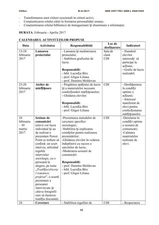 CDIhcc Nr.8/2017 ISSN 2457-7901 ISSN-L 2068-9365
- Transformarea unor cititori ocazionali în cititori activi;
- Conştientizarea rolului cărţii în formarea personalităţii umane;
- Conştientizarea rolului bibliotecii de înmagazinare i diseminare a informaţiei.ș
DURATA: Februarie - Aprilie 2017
CALENDARUL ACTIVITĂŢILOR PROPUSE
Data Activitatea Responsabilităţi
Loc de
desfăşurare
Indicatori
13-24
februarie
2017
Lansarea
proiectului
- Lansarea i mediatizareaș
proiectului.
- Stabilirea graficului de
lucru.
Responsabili:
- bibl. Lucre ia Bîrzț
- prof. Gligor Liliana
- prof. Dumitru Moldovan
Sala de
clasă
CDI
- Numărul
elevilor
interesa i săț
participe la
ac iune;ț
- Grafic de lucru
realizabil.
23-28
februarie
2017
Atelier de
măr i oareț ș
- Pregătirea spa iului de lucruț
i a materialelor necesareș
confec ionării măr i oarelor;ț ț ș
- Ghidarea elevilor.
Responsabili:
- bibl. Lucre ia Bîrzț
- prof. Gligor Liliana
CDI - Desfă urareaș
în condi iiț
optime o
ac iunii;ț
- Interesul
manifestat de
elevi pentru
confec ionareaț
măr i oarelor.ț ș
24
februarie
– 30
martie
2017
Sesiune de
comunicări
(elevii vor lucra
individual i auș
de realizat o
prezentare Power
Point ce trebuie să
con ină: un scurtț
interviu, utilizând
regulile
interviului
sociologic, cu o
persoană la
alegere, pe tema
„Tradi ia/obiceiuț
l românesc
preferat”, o scurtă
prezentare a
persoanei
intervievate iș
câteva fotografii
care să ilustreze
tradi ia discutată).ț
-Prezentarea metodelor de
cercetare specifice
sociologiei;
-Stabilirea i explicareaș
cerin elor pentru realizareaț
prezentărilor;
-Ghidarea elevilor în vederea
îndeplinirii cu succes a
sarcinilor de lucru;
-Moderarea sesiunii de
comunicări.
Responsabili:
- prof. Dumitru Moldovan
- bibl. Lucre ia Bîrzț
- prof. Gligor Liliana
CDI -Derularea în
condi ii optimeț
a sesiunii de
comunicări;
-Calitatea
materialelor
realizate de
elevi.
24 Cercetare - Stabilirea regulilor de CDI - Respectarea
48
 