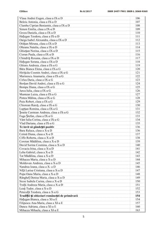 CDIhcc Nr.8/2017 ISSN 2457-7901 ISSN-L 2068-9365
Vlasa Andrei Eugen, clasa a IX-a D 106
Beleiu Antonia, clasa a IX-a D 107
Clamba Ciprian Beniamin, clasa a IX-a D 108
Simon Emilia, clasa a IX-a D 109
Groza Daniela, clasa a IX-a D 110
Ha egan Teodora, clasa a IX-a Dț 111
Oarga Isabel Alexandra, clasa a IX-a D 112
Oră an Miruna, clasa a IX-a Dș 113
Olteanu Natalia, clasa a IX-a D 114
Ghiu an Norina, clasa a IX-a Dș 115
Cioran Paula, clasa a IX-a D 116
Chindri Roxana, clasa a IX-a Dș 117
Ha egan Sorana, clasa a IX-a Dț 118
Ghiura Andreea, clasa a IX-a G 119
Băra Bianca Elena, clasa a IX-a G 120
Hiri cău Cosmin Andrei, clasa a IX-a Gș 121
Marinescu Anamaria, clasa a IX-a G 122
Cirlea Daria, clasa a IX-a G 123
Bor an David Andrei, clasa a IX-a Gș 124
Bompa Diana, clasa a IX-a G 125
Jurca Iulia, clasa a IX-a G 126
Muntean Luiza, clasa a IX-a G 127
Pintea Mălina, clasa a IX-a G 128
Puiu Robert, clasa a IX-a G 129
Chiorean Rare , clasa a IX-a Gș 130
Lup an Romina, clasa a IX-a Gș 131
oaita Curetean Andreea, clasa a IX-a GȘ 132
Fuga tefan, clasa a IX-a GȘ 133
Vânt Iulia Corina, clasa a IX-a G 134
Vlad Dariana, clasa a IX-a G 135
Te invit să gânde ti pozitivș 136
Bara Raluca, clasa a X-a D 136
Cetină Diana, clasa a X-a D 137
Ciffo Roberta, clasa a X-a D 138
Coroian Mădălina, clasa a X-a D 139
David Sorina Cosmina, clasa a X-a D 140
Covaciu Irina, clasa a X-a D 141
Leba Gabriel, clasa a X-a D 142
Tat Mădălina, clasa a X-a D 143
Mihacea Maria, clasa a X-a D 144
Moldovan Andreea, clasa a X-a D 145
Nandrea Ioana, clasa a X- a D 146
Ni ă Larisa Cristiana, clasa a X-a Dț 147
Popa Oana Maria, clasa a X-a D 148
Rânghe Denisa Maria, clasa a X-a Dț 149
Sicoe Isabela Carina, clasa a X-a D 150
Tru ă Andreea Maria, clasa a X-a Dț 151
Lea Tudor, clasa a X-a Dș 152
Petecu ă Teodora, clasa a X-a Gț 153
Tradi ii i obiceiuri române ti de primăvarăț ș ș 154
Ha egan Bianca, clasa a XI-a Eț 154
Filipescu Ana-Maria, clasa a XI-a E 157
Dancu Adriana, clasa a XI-a E 160
Mihacea Mihaela, clasa a XI-a E 163
5
 