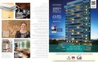 DITORIAL - 17
COLABORADORES - 18
INOVAÇÃO E TECNOLOGIA:
CELI LANÇA APLICATIVO E NOVO SITE – 20
OS CAMINHOS DA ARQUITETURA EM SERGIPE – 22
MODA E DECORAÇÃO DE MÃOS DADAS PARA
CRIAR AMBIENTES INCRÍVEIS COM A SUA CARA - 28
FORMAS GEOMÉTRICAS ESTÃO EM VOGA – 29
O BRANCO É O HIT DA TEMPORADA – 30
INSPIRAÇÃO QUE VEM DA NATUREZA – 31
MARIA CELI: PIONEIRISMO QUE MARCA A HISTÓRIA DA
DECORAÇÃO EM SERGIPE – 35
DONA FIFINHA E CARMEM LÚCIA:
MÃE E FILHA FORAM PIONEIRAS
EM DECORAÇÃO NO ESTADO – 42
MURILO GUERRA: O CLÁSSICO EM UMA LINGUAGEM
MODERNA COM ESCOLHAS QUE NUNCA SAEM DE MODA – 44
ITANAMARA LEMOS: COMPETÊNCIA E DEDICAÇÃO
FIZERAM O SUCESSO DE SUA TRAJETÓRIA – 46
NANCY BARRETO E SOCORRO GURJÃO:
HÁ 25 ANOS, IRMÃS REALIZAM GRANDES PROJETOS
DE ARQUITETURA E DECORAÇÃO EM SERGIPE – 48
HARMONIA ENTRE CLÁSSICO E CONTEMPORÂNEO
É MARCA REGISTRADA EM GRANDES FEIRAS
MUNDIAIS DE DECORAÇÃO – 50
Criatividade, elegância e design traduzidos nos
ambientes apresentadas nas melhores e maiores
feiras de decoração do mundo – 52
MOSTRA 30 ANOS CELI – OS MELHORES CRIADORES E
SUAS MAIORES CRIAÇÕES – 55
SINTA-SE EM CASA: DECORAÇÃO TRANSFORMA
CONDOMÍNIOS NA EXTENSÃO DO SEU LAR – 80
MOVIDO PELA PAIXÃO, DESIGNER MARCUS FERREIRA
TRILHA CARREIRA MUNDIAL DE SUCESSO – 82
DECORAÇÃO NA ALTA GASTRONOMIA GANHA
CADA VEZ MAIS ESPAÇO – 84
O CELI MALL DECOR APRESENTADO POR PROFISSIONAIS
DA DECORAÇÃO E CLIENTES – 88
O ARTESÃO VÉIO ESCULPE EM MADEIRA
TODA A RIQUEZA CULTURAL DO SERTÃO – 109
TRANSFORMAR VIDAS: ESTA É A MISSÃO
DO INSTITUTO LUCIANO BARRETO JÚNIOR – 115
A ELEGÂNCIA DO ARTESANATO SERGIPANO
NA DECORAÇÃO DE AMBIENTES – 118
ENSAIO FOTOGRÁFICO:BRASIL, O PAÍS DO DESIGN – 122
Revista Trends
Foto: Aluizio Accioly
Produção de moda: Ispot
Modelo: Renata Sampaio
Mobiliário: Poltrona Tensor -
Designer Pedro Useche
MARIA CELI:
PIONEIRISMO
QUE MARCA A
HISTÓRIA DA
DECORAÇÃO
EM SERGIPE.35
O artesão
Véio esculpe
em madeira
toda a riqueza
cultural do
sertão.109
A elegância
do artesanato
sergipano na
decoração de
ambientes.118
Moda e
decoração
de mãos dadas
para criar
ambientes
incríveis com
a sua cara.28
 