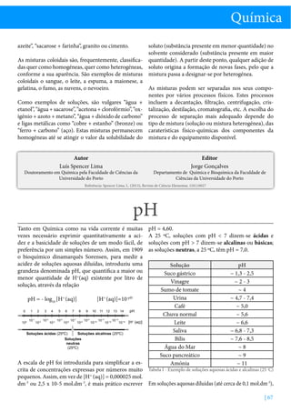 Química
azeite”, “sacarose + farinha”, granito ou cimento.

soluto (substância presente em menor quantidade) no
solvente considerado (substância presente em maior
As misturas coloidais são, frequentemente, classifica- quantidade). A partir deste ponto, qualquer adição de
das quer como homogéneas, quer como heterogéneas, soluto origina a formação de novas fases, pelo que a
conforme a sua aparência. São exemplos de misturas mistura passa a designar-se por heterogénea.
coloidais o sangue, o leite, a espuma, a maionese, a
gelatina, o fumo, as nuvens, o nevoeiro.
As misturas podem ser separadas nos seus componentes por vários processos físicos. Estes processos
Como exemplos de soluções, são vulgares “água + incluem a decantação, filtração, centrifugação, crisetanol”, “água + sacarose”, “acetona + clorofórmio”, “ox- talização, destilação, cromatografia, etc. A escolha do
igénio + azoto + metano”, “água + dióxido de carbono” processo de separação mais adequado depende do
e ligas metálicas como “cobre + estanho” (bronze) ou tipo de mistura (solução ou mistura heterogénea), das
“ferro + carbono” (aço). Estas misturas permanecem caraterísticas físico-químicas dos componentes da
homogéneas até se atingir o valor da solubilidade do mistura e do equipamento disponível.
Autor
Luís Spencer Lima

Doutoramento em Química pela Faculdade de Ciências da
Universidade do Porto

Editor
Jorge Gonçalves

Departamento de Química e Bioquímica da Faculdade de
Ciências da Universidade do Porto

Referência: Spencer Lima, L. (2013), Revista de Ciência Elementar, 1(01):0027

pH
Tanto em Química como na vida corrente é muitas
vezes necessário exprimir quantitativamente a acidez e a basicidade de soluções de um modo fácil, de
preferência por um simples número. Assim, em 1909
o bioquímico dinamarquês Sorensen, para medir a
acidez de soluções aquosas diluídas, introduziu uma
grandeza denominada pH, que quantifica a maior ou
menor quantidade de H+(aq) existente por litro de
solução, através da relação
pH = - log10 [H+ (aq)]

[H+ (aq)]=10-pH

pH = 4,60.
A 25 ºC, soluções com pH  7 dizem-se ácidas e
soluções com pH  7 dizem-se alcalinas ou básicas;
as soluções neutras, a 25 ºC, têm pH = 7,0.
Solução
Suco gástrico
Vinagre
Sumo de tomate
Urina
Café
Chuva normal
Leite
Saliva
Bílis
Água do Mar
Suco pancreático
Amónia

pH
~ 1,3 - 2,5
~2-3
~4
~ 4,7 - 7,4
~ 5,0
~ 5,6
~ 6,6
~ 6,8 - 7,3
~ 7,6 - 8,5
~8
~9
~ 11

A escala de pH foi introduzida para simplificar a escrita de concentrações expressas por números muito Tabela I - Exemplo de soluções aquosas ácidas e alcalinas (25 ºC)
pequenos. Assim, em vez de [H+ (aq)] = 0,000025 mol.
dm-3 ou 2,5 x 10-5 mol.dm-3, é mais prático escrever Em soluções aquosas diluídas (até cerca de 0,1 mol.dm-3),
| 67

 