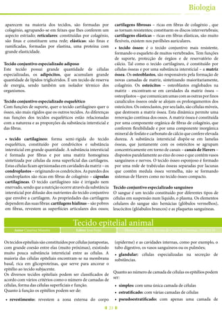 23
Biologia
aparecem na maioria dos tecidos, são formadas por
colagénio, agrupando-se em feixes que lhes conferem um
aspecto estriado; reticulares: constituídas por colagénio,
são finas e constituem uma rede; elásticas: são finas e
ramificadas, formadas por elastina, uma proteína com
grande elasticidade.
Tecido conjuntivo especializado adiposo
Este tecido possui grande quantidade de células
especializadas, os adipócitos, que acumulam grande
quantidade de lípidos triglicéridos. É um tecido de reserva
de energia, sendo também um isolador térmico dos
organismos.
Tecido conjuntivo especializado esquelético
Com funções de suporte, quer o tecido cartilagíneo quer o
ósseo, são mais rígidos que os outros tecidos. As diferenças
nas funções dos tecidos esqueléticos estão relacionadas
com a natureza e as proporções da substância intersticial e
das fibras.
•	 tecido cartilagíneo: forma semi-rígida do tecido
esquelético, constituído por condrócitos e substância
intersticial em grande quantidade. A substância intersticial
é formada por fibras e por uma matriz homogénea
sintetizada por células da zona superficial das cartilagens.
Estascélulasficamaprisionadasemcavidadesdamatriz–os
condroplastos – originando os condrócitos. As paredes dos
condroplastos são ricas em fibras de colagénio – cápsulas
cartilagíneas. O tecido cartilagíneo não é irrigado nem
enervado, sendo que a nutrição ocorre através da substância
intersticial por difusão dos nutrientes do tecido conjuntivo
que envolve a cartilagem. As propriedades das cartilagens
dependem das suas fibras: cartilagens hialinas – são pobres
em fibras, revestem as superfiícies articulares dos ossos;
cartilagens fibrosas – ricas em fibras de colagénio , que
as tornam resistentes; constituem os discos intervertebrais;
cartilagens elásticas – ricas em fibras elásticas, são muito
flexíveis, existem nos pavilhões auriculares.
•	 tecido ósseo: é o tecido conjuntivo mais resistente,
formando o esqueleto de muitos vertebrados. Tem funções
de suporte, protecção de órgãos e de reservatório de
cálcio. Tal como o tecido cartilagíneo, é constituído por
células ósseas e por uma substância intersticial – a matriz
óssea. Os osteoblastos, são responsáveis pela formação de
novas camadas de matriz, sintetizando maioritariamente,
colagénio. Os osteócitos – osteoblastos englobados na
matriz - encontram-se em cavidades da matriz óssea –
osteoplastos–quecomunicamumascomasoutrasporfinos
canalículos ósseos onde se alojam os prolongamentos dos
osteócitos. Os osteoclastos, por seu lado, são células móveis,
que destroem a matriz óssea. Esta dinâmica permite uma
renovação contínua dos ossos. A matriz óssea é constituída
por uma componente orgânica de fibras de colagénio, que
conferem flexibilidade e por uma componente inorgânica
mineral de fosfato e carbonato de cálcio que confere elevada
dureza. A substância intersticial dispõe-se em lamelas
ósseas, que juntamente com os osteócitos se agrupam
concentricamente em torno de canais – canais de Havers –
dispostos paralelamente ao eixo do osso e que contém vasos
sanguíneos e nervos. O tecido ósseo esponjoso é formado
por uma rede de trabéculas ósseas separadas por lacunas
que contêm medula óssea vermelha, não se formando
sistemas de Havers como no tecido ósseo compacto.
Tecido conjuntivo especializado sanguíneo
O sangue é um tecido constituído por diferentes tipos de
células em suspensão num líquido, o plasma. Os elementos
celulares do sangue são: hemácias (glóbulos vermelhos),
leucócitos (glóabulos brancos) e as plaquetas sanguíneas.
Tecido epitelial animal
Autor Catarina Moreira Moreira, C. (2015), Revista de Ciência Elementar, 3(01):0119Editor José Feijó
Ostecidosepiteliaissãoconstituídosporcélulasjustapostas,
com grande coesão entre elas (muito próximas), existindo
muito pouca substância intersticial entre as células. A
maioria das células epiteliais encontram-se na membrana
basal, rica em glicoproteínas, que serve para ancorar o
epitélio ao tecido subjacente.
Os diversos tecidos epiteliais podem ser classificados de
acordo com vários critérios como o número de camadas de
células, forma das células superficiais e função.
Quanto à função os epitélios podem ser de:
•	 revestimento: revestem a zona externa do corpo
(epiderme) e as cavidades internas, como por exemplo, o
tubo digestivo, os vasos sanguíneos ou os pulmões;
•	 glandular: células especializadas na secreção de
substâncias.
Quanto ao número de camada de células os epitélios podem
ser:
•	 simples: com uma única camada de células
•	 estratificado: com várias camadas de células
•	 pseudoestratificado: com apenas uma camada de
 
