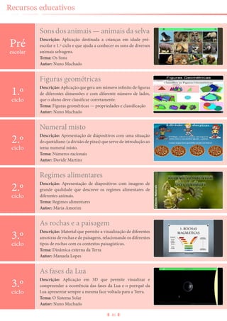 46
Recursos educativos
Sons dos animais — animais da selva
Descrição: Aplicação destinada a crianças em idade pré-
escolar e 1.º ciclo e que ajuda a conhecer os sons de diversos
animais selvagens.
Tema: Os Sons
Autor: Nuno Machado
Pré
escolar
As fases da Lua
Descrição: Aplicação em 3D que permite visualizar e
compreender a ocorrência das fases da Lua e o porrquê da
Lua apresentar sempre a mesma face voltada para a Terra.
Tema: O Sistema Solar
Autor: Nuno Machado
3.º
ciclo
Figuras geométricas
Descrição: Aplicação que gera um número infinito de figuras
de diferentes dimensões e com diferente número de lados,
que o aluno deve classificar corretamente.
Tema: Figuras geométricas — propriedades e classificação
Autor: Nuno Machado
1.º
ciclo
Numeral misto
Descrição: Apresentação de diapositivos com uma situação
do quotidiano (a divisão de pizas) que serve de introdução ao
tema numeral misto.
Tema: Números racionais
Autor: Davide Martins
2.º
ciclo
Regimes alimentares
Descrição: Apresentação de diapositivos com imagens de
grande qualidade que descreve os regimes alimentares de
diferentes animais.
Tema: Regimes alimentares
Autor: Maria Amorim
2.º
ciclo
As rochas e a paisagem
Descrição: Material que permite a visualização de diferentes
amostras de rochas e de paisagens, relacionando os diferentes
tipos de rochas com os contextos paisagísticos.
Tema: Dinâmica externa da Terra
Autor: Manuela Lopes
3.º
ciclo
 