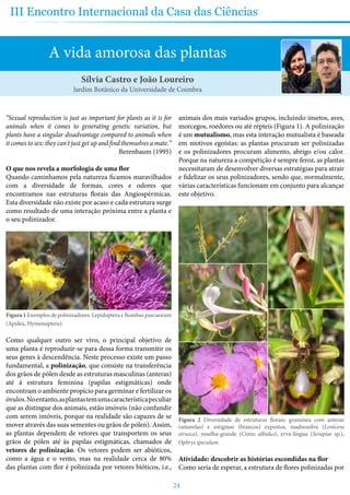 24
III Encontro Internacional da Casa das Ciências
A vida amorosa das plantas
“Sexual reproduction is just as important for plants as it is for
animals when it comes to generating genetic variation, but
plants have a singular disadvantage compared to animals when
it comes to sex: they can't just get up and find themselves a mate.“
Berenbaum (1995)
O que nos revela a morfologia de uma flor
Quando caminhamos pela natureza ficamos maravilhados
com a diversidade de formas, cores e odores que
encontramos nas estruturas florais das Angiospérmicas.
Esta diversidade não existe por acaso e cada estrutura surge
como resultado de uma interação próxima entre a planta e
o seu polinizador.
Figura 1 Exemplos de polinizadores: Lepidoptera e Bombus pascuorum
(Apidea, Hymenoptera).
Como qualquer outro ser vivo, o principal objetivo de
uma planta é reproduzir-se para dessa forma transmitir os
seus genes à descendência. Neste processo existe um passo
fundamental, a polinização, que consiste na transferência
dos grãos de pólen desde as estruturas masculinas (anteras)
até à estrutura feminina (papilas estigmáticas) onde
encontram o ambiente propício para germinar e fertilizar os
óvulos.Noentanto,asplantastemumacaracterísticapeculiar
que as distingue dos animais, estão imóveis (não confundir
com serem imóveis, porque na realidade são capazes de se
mover através das suas sementes ou grãos de pólen). Assim,
as plantas dependem de vetores que transportem os seus
grãos de pólen até às papilas estigmáticas, chamados de
vetores de polinização. Os vetores podem ser abióticos,
como a água e o vento, mas na realidade cerca de 80%
das plantas com flor é polinizada por vetores bióticos, i.e.,
animais dos mais variados grupos, incluindo insetos, aves,
morcegos, roedores ou até répteis (Figura 1). A polinização
é um mutualismo, mas esta interação mutualista é baseada
em motivos egoístas: as plantas procuram ser polinizadas
e os polinizadores procuram alimento, abrigo e/ou calor.
Porque na natureza a competição é sempre feroz, as plantas
necessitaram de desenvolver diversas estratégias para atrair
e fidelizar os seus polinizadores, sendo que, normalmente,
várias características funcionam em conjunto para alcançar
este objetivo.
Figura 2 Diversidade de estruturas florais: gramínea com anteras
(amarelas) e estigmas (brancos) expostos, madressilva (Lonicera
etrusca), roselha-grande (Cistus albidus), erva-língua (Serapias sp.),
Ophrys speculum.
Atividade: descobrir as histórias escondidas na flor
Como seria de esperar, a estrutura de flores polinizadas por
Sílvia Castro e João Loureiro
Jardim Botânico da Universidade de Coimbra
 
