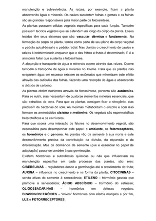 manutenção e sobrevivência. As raízes, por exemplo, fixam a planta
absorvendo água e minerais. Os caules sustentam folhas e gemas e as folhas
são as grandes responsáveis pela maior parte da fotossíntese.
As plantas possuem células vegetais específicas para cada função. Também
possuem tecidos vegetais que se estendem ao longo do corpo da planta. Esses
tecidos têm seus sistemas que são: vascular, dérmico e fundamental. Na
formação do corpo da planta, temos como parte de seu plano do corpo vegetal
o padrão apical-basal e o padrão radial. Nas plantas o crescimento de caules e
raízes é indeterminado enquanto que o das folhas e frutos é determinado. E é a
anatomia foliar que sustenta a fotossíntese.
A absorção e transporte de água e minerais ocorre através das raízes. Ocorre
também o transporte de água e minerais no Xilema. Para que as plantas não
evaporem água em excesso existem os estômatos que minimizam este efeito
através das cutículas das folhas, fazendo uma retenção de água e absorvendo
o dióxido de carbono.
As plantas obtêm nutrientes através da fotossíntese, portanto são autótrofos.
Para se nutrir, elas necessitam de quatorze elementos minerais essenciais, que
são extraídos da terra. Para que as plantas consigam fixar o nitrogênio, elas
precisam de bactérias do solo. As mesmas metabolizam o enxofre e com isso
formam os aminoácidos cisteína e metionina. Os vegetais são espermatófitos
heterotróficos e os carnívoros.
Para que ocorra uma interação de fatores no desenvolvimento vegetal, são
necessários para desempenhar este papel: o ambiente, os fotorreceptores,
os hormônios e o genoma. As plantas vão da semente à sua morte e este
desenvolvimento precisa da contribuição da divisão, da expansão e da
diferenciação. Mas da dormência da semente (que é essencial no papel de
adaptação) passa-se também à sua germinação.
Existem hormônios e substâncias químicas ou não que influenciam na
manutenção específica em cada processo das plantas, são eles:
GIBERELINAS – reguladores desde a germinação até o crescimento do fruto;
AUXINA – influencia no crescimento e na forma da planta; CITOCININAS –
sendo ativas da semente à senescência; ETILENO – hormônio gasoso que
promove a senescência; ÁCIDO ABSCÍSICO – hormônio do estresse;
OLIGOSSACARINAS – hormônios em defesas vegetais;
BRASSINOSTERÓIDES – “novos” hormônios com efeitos múltiplos e por fim,
LUZ e FOTORRECEPTORES.
 