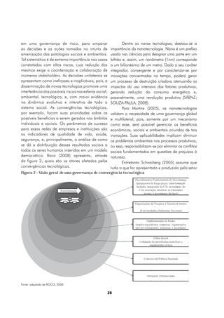 em uma governança de risco, para amparar                         Dentre as novas tecnologias, destaca-se a
as decisões e as ações tomadas no intuito de              importância da nanotecnologia. Nano é um prefixo
amenização das patologias sociais e ambientais.           usado nas ciências para designar uma parte em um
Tal sistemática é de extrema importância nos casos        bilhão e, assim, um nanômetro (1nm) corresponde
constatados com altos riscos, cuja redução dos            a um bilionésimo de um metro. Dado o seu caráter
mesmos exige a coordenação e colaboração de               integrador, convergente e por caracterizar-se por
inúmeros stakeholders. As decisões unilaterais se         inovações concentradas no tempo, poderá gerar
apresentam como ineficazes e inaplicáveis, pois, a        um processo de destruição criadora atenuando os
disseminação de novas tecnologias promove uma             impactos do uso intensivo dos fatores produtivos,
interferência dos possíveis riscos nas esferas social,    gerando redução do consumo energético e,
ambiental, tecnológica, e, com maior evidência            possivelmente, uma revolução produtiva (SÁENZ;
na dinâmica evolutiva e interativa de todo o              SOUZA-PAULA, 2008).
sistema social. As convergências tecnológicas,                   Para Martins (2005), as nanotecnologias
por exemplo, focam suas prioridades sobre os              validam a necessidade de uma governança global
possíveis benefícios a serem gerados nos âmbitos          e multilateral, pois, somente por um mecanismo
individuais e sociais. Os parâmetros de sucesso           como esse, será possível gerenciar os benefícios
para essas redes de empresas e instituições são           econômicos, sociais e ambientais oriundos de tais
os indicadores de qualidade de vida, saúde,               inovações. Suas aplicabilidades implicam diminuir
segurança, e, principalmente, a análise de como           os problemas ambientais nos processos produtivos,
se dá a distribuição desses resultados sociais a          ou seja, responsabilizam-se por eliminar os conflitos
todos os seres humanos inseridos em um modelo             sociais fundamentados em questões de prejuízos à
democrático. Roco (2008) apresenta, através               natureza.
da figura 2, quais são os atores afetados pelas                  Entretanto Schnaiberg (2005) assume que
convergências tecnológicas.                               tudo o que for apresentado e produzido pelo setor
Figura 2 – Visão geral de uma governança de convergência tecnológica




Fonte: adaptado de ROCO, 2008.

                                                         28
 