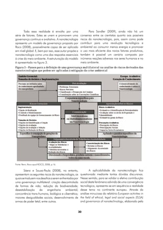 Toda essa realidade é envolta por uma                    Para Sandler (2009), ainda não há um
série de fatores. Estes se unem e promovem uma            consenso entre os cientistas quanto aos possíveis
governança contínua e avaliativa. A nanotecnologia        riscos da nanotecnologia, pois, assim como pode
apresenta um modelo de governança proposto por            contribuir para uma revolução tecnológica e
Roco (2008), possivelmente capaz de ser aplicado          ambiental ao consumir menos energia e promover
em nível global. E, bem por isso, esse autor propõe a     o uso mais eficiente dos novos fatores produtivos,
nanotecnologia como uma das respostas essenciais          também é possível um cenário composto por
à crise do meio ambiente. A estruturação do modelo        inúmeras reações adversas nos seres humanos e no
é apresentada na figura 3.                                meio ambiente.
Figura 3 – Passos para a definição de uma governança multilateral na análise de riscos derivados das
nanotecnologias que podem ser aplicadas à mitigação da crise ambiental




Fonte: Renn; Roco apud ROCO, 2008, p.16.

       Sáenz e Souza-Paula (2008), no entanto,                    A aplicabilidade da nanotecnologia fica
apresentam os seguintes riscos da nanotecnologia, os      questionada mediante tantas dúvidas discursivas.
quais se traduzem nos desafios a serem enfrentados por    Nesse sentido, para se validar a efetiva contribuição
uma governança multilateral: criação descontrolada        social deste fenômeno advindo de uma convergência
de formas de vida; redução da biodiversidade;             tecnológica, apresenta-se em sequência a realidade
desestabilização    da      engenharia      ambiental;    desse tema no continente europeu. Através da
concorrência trans-humana, biológica e cibernética;       análise minuciosa do relatório European activities in
maiores desigualdades sociais; desenvolvimento de         the field of ethical, legal and social aspects (ELSA)
armas de poder letal; entre outros.                       and governance of nanotechnology, elaborado pela


                                                         30
 