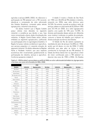 agrícolas e serviços (BAER, 2003). Ao relacionar a                 A tabela 2 mostra o Estado de São Paulo
participação do PIB estadual com o PIB nacional,            em 1985 com 48,53% de PIB atrelado à indústria,
aborda-se a composição do valor adicionado                  enquanto em 2006, esse valor diminuiu para
dos Estados Brasileiros, composto pelos setores             34,76%. No entanto, quando se analisa o setor de
agropecuário, industrial e de serviços.                     serviços, obteve um crescimento de 33,35% em 1985
        Os dados mostram que a Região Sudeste               para 34,14% em 2006. Já o setor agropecuário
possui valores mais elevados no segmento                    assentiu uma queda de 18% para 12,78%. As
industrial, e acredita-se que devido a isso, haja           diversas participações desses setores em diferentes
maior concentração urbana, dada a localização das           anos mostram mudanças no padrão de produção,
indústrias. A Região Centro-Oeste atribui valores           consumo e fatores de trabalho que implicam na
atrelados ao segmento agropecuário, justificando            diversa evolução econômica dos Estados.
sua participação ativa no agronegócio brasileiro. A                O Estado do Rio de Janeiro apresenta os
Região Sul possui valores correlativos à agricultura,       resultados do setor de serviços (16,48%) em 1985,
aos serviços presentes e à crescente ativação do            sendo que tal decaiu no ano de 2006 (11,66%)
segmento industrial. Os dados referentes às Regiões         admitindo que esse setor se tornou o maior
Norte e Nordeste mostram que seus aspectos                  contribuinte na formação de seu PIB estadual. O
econômicos têm incrementado gradativamente as               Estado de Minas Gerais tem na agricultura o fator
participações da indústria, serviços e agricultura.         de maior contribuição para o PIB estadual no
Conforme apresenta a tabela 2:                              decorrer dos anos de 1985 e 2006. Os Estados

Tabela 2 – PIB Estadual a preços básicos em R$ de 2000, no valor adicionado da Indústria, Agropecuária
e Serviços, nos anos selecionados de 1985 e 2006
                                     1985                                             2006
     Estados          Indústria   Agropecuária    Serviços            Indústria    Agropecuária     Serviços
    São Paulo          43,58         18,00         33,35               34,76          12,78          34,14
  Rio de Janeiro       13,21          1,41         16,48               13,09           1,04          11,66
   Minas Gerais         9,25         14,71          7,93               10,21          14,12           8,38
 Rio Grande do Sul      7,00         11,25          6,99                6,52          11,30           6,34
      Paraná            4,82         12,66          5,39                5,94           8,87           5,60
  Santa Catarina        3,32          5,23          2,50                4,80           5,07           3,57
       Bahia            4,90          8,46          4,40                4,32           5,84           3,79
    Amazonas            1,94          1,13          0,95                2,57           1,48           1,22
   Espírito Santo       1,41          3,03          1,50                2,48           3,64           1,80
      Goiás             1,08          3,11          2,13                2,28           4,65           2,38
       Pará             1,01          3,51          1,34                2,27           3,29           1,71
   Pernambuco           1,95          3,00          2,72                1,76           2,22           2,61
      Ceará             1,39          2,44          2,02                1,63           2,65           2,10
   Mato Grosso          0,30          1,21          0,89                0,96           7,04           1,31
  Distrito Federal      0,35          0,10          5,54                0,87           0,15           5,59
    Maranhão            0,31          1,80          0,90                0,86           3,85           1,23
Rio Grande do Norte     0,88          0,63          0,69                0,79           1,03           0,92
      Sergipe           1,37          0,65          0,47                0,72           0,59           0,64
      Paraíba           0,43          1,28          0,78                0,67           1,16           0,95
Mato Grosso do Sul      0,36          3,09          0,88                0,65           2,70           1,04
     Alagoas            0,48          1,49          0,70                0,63           1,03           0,70
     Tocantins           0             0                0               0,36           1,44           0,37
       Piauí            0,17          0,61          0,51                0,33           0,97           0,63
                                                                                                        (continua)

                                                    41
 