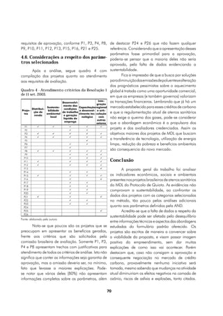 requisitos de aprovação, conforme P1, P3, P4, P8, de destacar P24 e P26 que não fazem qualquer
P9, P10, P11, P12, P13, P15, P16, P21 e P25.                  referência. Considerando que a apresentação desses
                                                              parâmetros fosse primordial para a aprovação,
4.6. Considerações a respeito dos parâme- poderia-se pensar que a maioria deles não seria
tros selecionados                                             aprovada, pela falta de dados evidenciando a
        Após a análise, segue quadro 4 com sustentabilidade.
compilação dos projetos quanto ao atendimento                        Fica a impressão de que a busca por soluções
aos requisitos de avaliação.                                  para diminuição das emissões de poluentes e alteração
                                                              dos prognósticos pessimistas sobre o aquecimento
Quadro 4 - Atendimento critérios da Resolução 1 global é tratada como uma oportunidade comercial,
de 11 set. 2003.
                                                              em que as empresas (e também governos) valorizam
                             Desenvolvi-
                                                        Inte- as transações financeiras. Lembrando que já há um
                                                      gração
                             mento das
                   Sustenta-             Capacitação regional mercado estabelecido para esses créditos de carbono
        Distribui-            condições
 Proje-             bilidade             e desenvol- e arti-
                                         vimento tec- culação e que a regulamentação atual de aterros sanitários
         ção de              de trabalho
  tos              ambiental
         renda                e geração
                      local
                              líquida de
                                           nológico      com  não exige a queima dos gases, pode-se considerar
                                                       outros
                               emprego
                                                      setores que a abordagem econômica é a propulsora dos
   P1       ü           ü          ü          ü           ü
   P2                              ü          ü
                                                              projeto e dos avaliadores credenciados. Assim os
   P3       ü           ü          ü          ü           ü   objetivos maiores dos projetos de MDL que buscam
   P4       ü           ü          ü          ü           ü
   P5                                         ü
                                                              a transferência de tecnologia, utilização de energia
   P6                              ü          ü               limpa, redução da pobreza e benefícios ambientais
   P7                              ü
   P8       ü           ü          ü          ü           ü
                                                              são consequencia do novo mercado.
   P9                          ü          ü         ü
  P10                          ü          ü         ü
  P11       ü                  ü          ü         ü     Conclusão
  P12       ü                  ü          ü         ü
  P13                                               ü             A proposta geral do trabalho foi analisar
  P14                          ü          ü
  P15       ü                  ü          ü         ü     os indicadores econômicos, sociais e ambientais
  P16                          ü                    ü     presentes nos projetos brasileiros de aterros sanitários
  P17                          ü          ü
  P18                          ü          ü               do MDL do Protocolo de Quioto. As evidências não
  P19                          ü          ü               comprovam a sustentabilidade, ao confrontar os
  P20                          ü          ü
  P21       ü                  ü                    ü     dados dos projetos com as categorias selecionadas
  P22                          ü          ü               no método, tão pouco pelas análises adicionais
  P23                          ü          ü
  P24                                                     quanto aos parâmetros definidos pela AND.
  P25                                               ü             Acredita-se que a falta de dados a respeito da
  P26
                                                          sustentabilidade pode ser afetada pelo desequilíbrio
Fonte: elaborado pela autora
                                                          entre informações técnicas e aspectos das abordagens
        Nota-se que poucos são os projetos que se         estudadas do formulário padrão oferecido. Os
preocupam em apresentar os benefícios gerados,            projetos são escritos de maneira a convencer sobre
frente aos critérios que são solicitados pela             a viabilidade da proposta, e visam passar imagem
comissão brasileira de avaliação. Somente P1, P3,         positiva do empreendimento, sem dar muitas
P4 e P8 apresentam trechos com justificativas para        explicações de como isso vai acontecer. Porém
atendimento de todos os critérios de análise. Isto não    destacam que, caso não consigam a aprovação e
significa que conter as informações seja garantia de      consequente negociação no mercado de crédito
aprovação, mas a omissão deveria ser, no mínimo,          carbono, provavelmente nenhuma iniciativa será
fato que levasse a maiores explicações. Pode-             tomada, mesmo sabendo que mudanças na atividade
se notar que vários deles (80%) não apresentam            atual diminuiriam os efeitos negativos na camada de
informações completas sobre os parâmetros, além           ozônio, riscos de asfixia e explosões, tanto citados.


                                                         70
 
