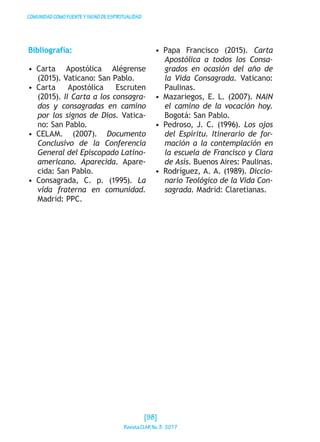 COMUNIDADCOMOFUENTEYSIGNODEESPIRITUALIDAD
Bibliografía:
•  Carta Apostólica Alégrense
(2015). Vaticano: San Pablo.
•  Carta Apostólica Escruten
(2015). II Carta a los consagra-
dos y consagradas en camino
por los signos de Dios. Vatica-
no: San Pablo.
•  CELAM. (2007). Documento
Conclusivo de la Conferencia
General del Episcopado Latino-
americano. Aparecida. Apare-
cida: San Pablo.
•  Consagrada, C. p. (1995). La
vida fraterna en comunidad.
Madrid: PPC.
•  Papa Francisco (2015). Carta
Apostólica a todos los Consa-
grados en ocasión del año de
la Vida Consagrada. Vaticano:
Paulinas.
•  Mazariegos, E. L. (2007). NAIN
el camino de la vocación hoy.
Bogotá: San Pablo.
•  Pedroso, J. C. (1996). Los ojos
del Espíritu. Itinerario de for-
mación a la contemplación en
la escuela de Francisco y Clara
de Asís. Buenos Aires: Paulinas.
•  Rodríguez, A. A. (1989). Diccio-
nario Teológico de la Vida Con-
sagrada. Madrid: Claretianas.
[98]
RevistaCLARNo.3·2017
 