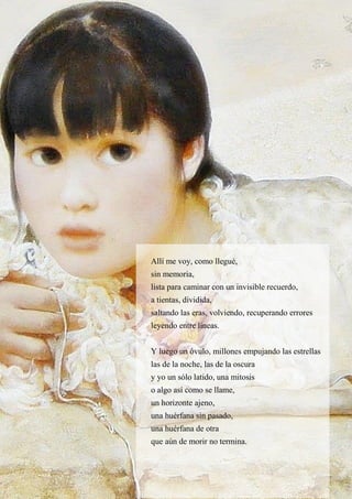 47
Allí me voy, como llegué,
sin memoria,
lista para caminar con un invisible recuerdo,
a tientas, dividida,
saltando las eras, volviendo, recuperando errores
leyendo entre líneas.
Y luego un óvulo, millones empujando las estrellas
las de la noche, las de la oscura
y yo un sólo latido, una mitosis
o algo así como se llame,
un horizonte ajeno,
una huérfana sin pasado,
una huérfana de otra
que aún de morir no termina.
 