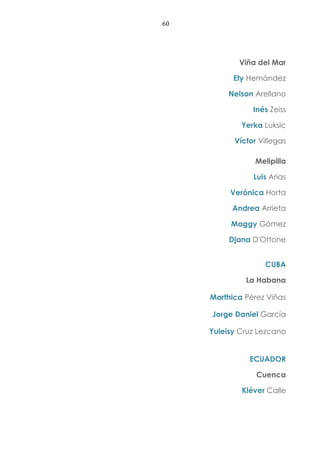 60
Viña del Mar
Ety Hernández
Nelson Arellano
Inés Zeiss
Yerka Luksic
Víctor Villegas
Melipilla
Luis Arias
Verónica Horta
Andrea Arrieta
Maggy Gómez
Djana D'Ottone
CUBA
La Habana
Marthica Pérez Viñas
Jorge Daniel García
Yuleisy Cruz Lezcano
ECUADOR
Cuenca
Kléver Calle
 