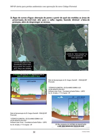 MP-SP alerta para perdas ambientais com aprovação do novo Código Florestal




2) Apps de cursos d’água: alteração do ponto a partir do qual são medidas as áreas de
  preservação, do nível mais alto para a calha regular, fazendo diminuir a faixa de
  proteção, além de desproteger as várzeas.




                                                             Slide da Apresentação do Dr. Sergius Gandolfi – ESALQ/USP
                                                             Piracicaba


                                                             “CÓDIGO FLORESTAL: OS OLHARES SOBRE A LEI
                                                             24 DE AGOSTO DE 2010
                                                             Anfiteatro João Yunes – Faculdade de Saúde Pública – USP/S
                                                             Av. Dr. Arnaldo, nº 715 Capital – SP




Slide da Apresentação do Dr. Sergius Gandolfi – ESALQ/USP
Piracicaba

“CÓDIGO FLORESTAL: OS OLHARES SOBRE A LEI
24 DE AGOSTO DE 2010
Anfiteatro João Yunes – Faculdade de Saúde Pública – USP/S
Av. Dr. Arnaldo, nº 715 Capital – SP




                                       32                                                                         Cristina Godoy
 