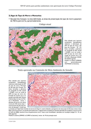 MP-SP alerta para perdas ambientais com aprovação do novo Código Florestal




3) Apps de Topo de Morro e Montanhas
•	 São José dos Campos: na área delimitada, as áreas de preservação de topo de morro passariam
   de 720 ha para 6,2 ha, aproximadamente.
                                                      Código atual




                                                                                                    Área adotada para exercício
                                                                                                    comparativo exemplificativo
                                                                                                    referente à delimitação de
                                                                                                    APP de topo de morro. São
                                                                                                    José dos Campos – SP Em.
                                                                                                    linhas vermelhas a altimetria
                                                                                                    da cartografia do IGC (escala
                                                                                                    1:10.000), e em cor verde a
                                                                                                    APP de topo de morro deli-
                                                                                                    mitada de acordo com a Lei
                                                                                                    4771/65 e Resolução CONA-
                                                                                                    MA 303/02 vigentes.
                                                                                                    Medida no sistema (SPRING)
                                                                                                    com        aproximadamente:
                                                                                                    720.992502 ha (hectares).



                 Texto aprovado na Comissão de Meio Ambiente do Senado




Área adotada para exercício
comparativo exemplificativo
referente à delimitação de APP
de topo de morro. Município
de São José dos Campos. Em
linhas vermelhas a altimetria
da cartografia do IGC (escala
1:10.000), e em cor verde as
APPs de topo de morro de-
limitadas de acordo com a al-
teração aprovada pela Câmara
Federal (App de topo de Mor-
ros e Montanhas: morro =
elevação de terreno com altura
mínima de 100 metros; base =
cota do ponto de sela mais pró-
ximo da elevação”). Ainda que
a proteção por Apps fosse mantida nos termos da Figura 5, estaria afastada a perspectiva de restauração de florestas nativas nestas
Apps, que se encontram, em grande parte desta área, irregularmente ocupadas por florestas plantadas de eucaliptos (o que já ocorria
em julho de 2008), levando ao seu enquadramento como “áreas rurais consolidadas” plantadas com eucalipto (artigos 3 e 10, ver
slide seguinte).
Medida no sistema (SPRING: 6.210987 ha (hectares), menos de 1% da proteção atual.



Cristina Godoy
                                                                                         33
 