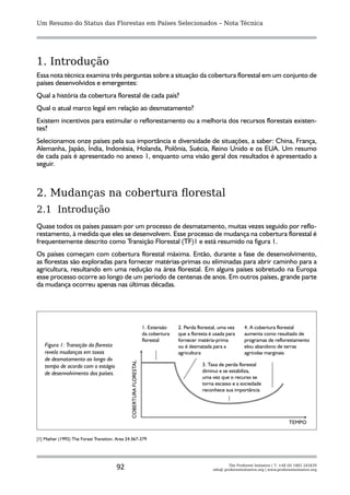 Um Resumo do Status das Florestas em Países Selecionados – Nota Técnica




1. Ιntrodução
Essa nota técnica examina três perguntas sobre a situação da cobertura florestal em um conjunto de
países desenvolvidos e emergentes:
Qual a história da cobertura florestal de cada país?
Qual o atual marco legal em relação ao desmatamento?
Existem incentivos para estimular o reflorestamento ou a melhoria dos recursos florestais existen-
tes?
Selecionamos onze países pela sua importância e diversidade de situações, a saber: China, França,
Alemanha, Japão, Índia, Indonésia, Holanda, Polônia, Suécia, Reino Unido e os EUA. Um resumo
de cada país é apresentado no anexo 1, enquanto uma visão geral dos resultados é apresentado a
seguir.



2. Mudanças na cobertura florestal
2.1 Introdução
Quase todos os países passam por um processo de desmatamento, muitas vezes seguido por reflo-
restamento, à medida que eles se desenvolvem. Esse processo de mudança na cobertura florestal é
frequentemente descrito como Transição Florestal (TF)1 e está resumido na figura 1.
Os países começam com cobertura florestal máxima. Então, durante a fase de desenvolvimento,
as florestas são exploradas para fornecer matérias-primas ou eliminadas para abrir caminho para a
agricultura, resultando em uma redução na área florestal. Em alguns países sobretudo na Europa
esse processo ocorre ao longo de um período de centenas de anos. Em outros países, grande parte
da mudança ocorreu apenas nas últimas décadas.




                                                                      1. Extensão    2. Perda florestal, uma vez      4. A cobertura florestal
                                                                      da cobertura   que a floresta é usada para      aumenta como resultado de
                                                                      florestal      fornecer matéria-prima           programas de reflorestamento
    Figura 1: Transição da floresta                                                  ou é desmatada para a            elou abandono de terras
    revela mudanças em taxas                                                         agricultura                      agrícolas marginais
    de desmatamento ao longo do
                                                COBERTURA FLORESTAL




    tempo de acordo com o estágio                                                               3. Taxa de perda florestal
    de desenvolvimento dos países.                                                              diminui e se estabiliza,
                                                                                                uma vez que o recurso se
                                                                                                torna escasso e a sociedade
                                                                                                reconhece sua importância




                                                                                                                                                TEMPO


[1] Mather (1992) The Forest Transition. Area 24:367-379




                                        92                                                                   The Proforest Initiative | T: +44 (0) 1865 243439
                                                                                                     info@ proforestinitiative.org | www.proforestinitiative.org
 