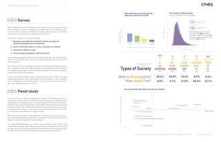 COES Survey
COES’s national survey is the first study that seeks to map social conflicts and
social cohesion in Chile. Its objective is to understand, from multiple discipli-
nes of the Social Sciences, the beliefs, attitudes and perceptions of Chileans
towards various dimensions of coexistence and conflict.
The survey considers four general sections:
1.	 Belonging and integration (distributive beliefs, perception of
inequality, equal pay, trust in institutions).
2.	 Social Conflict (perception of conflicts, evaluation of conflicts).
3.	 Interactions (networks, trust).
4.	 Common good (participation, collective actions).
The survey was applied to 2025 cases, between September 4th and November
30th of 2015, and represents 78.1% of the urban population and 68% of Chile’s
total population.
The Center of Territorial Intelligence of the Universidad Adolfo Ibáñez elabora-
ted a sampling frame that made it possible to geo-reference the data, which
has enabled the inclusion of the territorial dimension in the various analyses
conducted by COES with said data.
In order to share the results of the survey, throughout 2015, COES organized
diverse presentations of the data divided into the modules: “crisis in political
trust”; “Inequality, justice and distribution”; “Social conflict, inequality and terri-
tory” and “Networks and social circles”.
COES Panel study
Since its inception, COES has proposed the design and implementation of a
national panel study that will enable an analysis, across time, of the principal
moderating and mediating factors, context as well as the primary consequen-
ces associated with the development of the distinct forms of social conflict and
cohesion in Chile. The international experience reveals that the countries that
have longitudinal studies, of this nature, produce first-rate scientific knowled-
ge and guide the development of public policies.
With the purpose of meeting this objective, an interdisciplinary team was for-
med, representing COES’s multiple lines of research, which has worked on the
design of the study, questionnaire and sample.
This study, unprecedented in our country, will commence in April of 2016, and
consider approximately 3,000 cases at a national level, all of whom will be tracked
for eight years.This study will contribute to the development of the social sciences
in Chile and will help promote the growth of its international connections.
Diagram of
Types of Society
Source: COES 2014 survery
What is Chile’s reality?
How should it be?
29,2%
0,9%
42,9%
4,1%
15,3%
21,8%
8,9%
40,6%
6,6%
32,1%
TYPE A TYPE B TYPE C TYPE D TYPE E
100
80
60
40
20
0 105 15
Theydirectlyaffectme(percentage)
Perception of the main conflicts at a national level (Percentage, first mention)
20 25
How do you think they affect you and your family?
Transportation
Delinquency
Economy
Inequalities
Justice
Health
Work
EducationSocial movements
Alcoholism and drug consumption
Political legitimacy
Indigenous
How satisfied are you with the way
democracy functions in Chile?
3
2.5
2
1.5
1
very
satisfied
Trust Scale: 1- none, 3- not a little nor a lot.
somewhat Little not at all
satisfied
Proportionofcases
Averagetrustin
PoliticalInstitutions
0.006
0.005
0.004
0.003
0.002
0.001
0.000
0 200 400
Number of contacts
600 800
Distribution of Network Size
(based on contact with 24 social groups)
130
139 average number
of individuals
average number
of individuals
Scale up
Bayesian
High heterogeneity in the size of
networks; while 50% of Chileans
have 117 or fewer contacts, the 5%
reporting the largest networks, have
upwards of 323 contacts.
12CENTRE FOR SOCIAL CONFLICT AND COHESION STUDIES
 