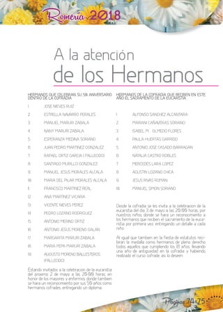 Romería 2018
Páginas 74-75
HERMANOS QUE CELEBRAN SU 50 ANIVERSARIO
DENTRO DE LA COFRADÍA
1. JOSE NIEVES RUIZ
2. ESTRELLA NAVARRO PERALES
3. MANUEL MARURI ZABALA
4. NANY MARURI ZABALA
5. ESPERANZA MEDINA SORIANO
6. JUAN PEDRO MARTINEZ GONZALEZ
7. RAFAEL ORTIZ GARCIA ( FALLECIDO)
8. SANTIAGO MURILLO GONZALEZ
9. MANUEL JESUS MORALES ALCALA
10. MARIA DEL PILAR MORALES ALCALA
11. FRANCISCO MARTINEZ REAL
12. ANA MARTINEZ VICARIA
13. VICENTE NIEVES PEREZ
14. PEDRO LOZANO RODRIGUEZ
15. ANTONIO MERINO ORTIZ
16. ANTONIO JESUS MORENO GALAN
17. MARGARITA MARURI ZABALA
18. MARIA PEPA MARURI ZABALA
19. AUGUSTO MORENO BALLESTEROS
(FALLECIDO)
Estando invitados a la celebracion de la eucaristia
del proximo 2 de mayo a las 20:00 horas, en
honor de los mayores y enfermos, donde tambien
se hara un reconocimiento por sus 50 años como
hermanos cofrades, entregando un diploma.
HERMANOS DE LA COFRADÍA QUE RECIBEN EN ESTE
AÑO EL SACRAMENTO DE LA EUCARISTIA
1 ALFONSO SANCHEZ ALCANTARA
2. MARIANI CAÑAVERAS SORIANO
3. ISABEL M¡ OLMEDO FLORES
4. PAULA HUERTAS GARRIDO
5. ANTONIO JOSE CASADO BARRAGAN
6. NATALIA CASTRO ROBLES
7. MERCEDES LARA LOPEZ
8. AGUSTIN LOZANO CHICA
9. JESUS RIVAS ROMAN
10. MANUEL SIMON SORIANO
Desde la cofradía se les invita a la celebracion de la
eucaristia del día 3 de mayo a las 20:00 horas, por
nuestros niños, donde se hara un reconocimiento a
los hermanos que reciben el sacramento de la euca-
ristia por primera vez, entregando un detalle a cada
niño
Al igual que tambien en la fiesta de estatutos reci-
biran la medalla como hermanos de pleno derecho
todos aquellos que cumpliendo los 18 años, llevando
una año de antigüedad en la cofradía y habiendo
realizado el curso cofrade, asi lo deseen
A la atención
de los Hermanos
 