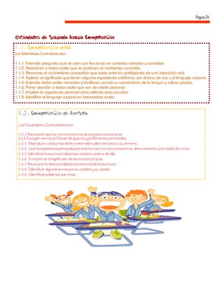 Página 24



Estándares de Segunda lengua Comprensión
1 .1 . Comprensión oral
Los Estándares Curriculares son:

1.1.1. Entender preguntas que se usan con frecuencia en contextos rutinarios y conocidos.
1.1.2. Reaccionar a textos orales que se producen en ambientes conocidos.
1.1.3. Reconocer el conocimiento compartido que existe entre los participantes de una interacción oral.
1.1.4. Explorar el significado que tienen algunas expresiones cotidianas, por el tono de voz y el lenguaje corporal.
1.1.5. Entender textos orales conocidos y familiares usando su conocimiento de la lengua y cultura propias.
1.1.6. Poner atención a textos orales que son de interés personal.
1.1.7. Emplear la experiencia personal como estímulo para escuchar.
1.1.8. Identificar el lenguaje corporal en intercambios orales.


 1 .2 . Comprensión de lectura
          á

 1.2.1
 122                          ó
 1.2.3.
 1.2.4.
 1.2.5
 1.2.6.
 1.2.7
 1.2.8.
 1.2.9.
 