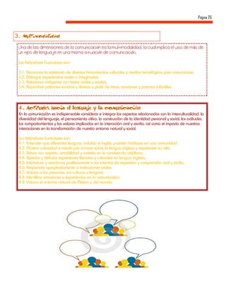 Página 26



3 . Multimodalidad
                                                ó                                                           á
                                                 ó                    ó

 Los Estándares Curriculares son:

 3.1. Reconocer la existencia de diversas herramientas culturales y medios tecnológicos para comunicarse.
 3.2. Distinguir experiencias reales o imaginarias.
 3.3. Relacionar imágenes con textos orales y escritos.
 3.4. Reproducir patrones sonoros y rítmicos a partir de rimas, canciones y poemas infantiles.



 4 . Actitudes hacia el lenguaje y la comunicación
 En la comunicación es indispensable considerar e integrar los aspectos relacionados con la interculturalidad, la
 diversidad del lenguaje, el pensamiento crítico, la construcción de la identidad personal y social, las actitudes,
 los comportamientos y los valores implicados en la interacción oral y escrita, así como el impacto de nuestras
 interacciones en la transformación de nuestro entorno natural y social.

 Los Estándares Curriculares son:
 4.1. Entender que diferentes lenguas, incluido el inglés, pueden hablarse en una comunidad.
 4.2. Mostrar curiosidad e interés por conocer sobre la lengua inglesa y expresarse en ella.
 4.3. Actuar con respeto, amabilidad y cortesía en la convivencia cotidiana.
 4.4. Apreciar y disfrutar expresiones literarias y culturales en lengua inglesa.
 4.5. Interactuar y reaccionar positivamente a los intentos de expresión y comprensión oral y escrita.
 4.6. Responder apropiadamente a indicaciones orales.
 4.7. Valorar a las personas, sus culturas y lenguas.
 4.8. Identificar emociones y experiencias en la comunicación.
 4.9. Valorar el entorno natural de México y del mundo.
 