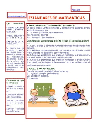Página 53


 20-Septiembre-2012
                          ESTÁNDARES DE MATEMÁTICAS
Ejes      t emáticos :
                         1. SENTIDO NUMÉRICO Y PENSAMIENTO ALGEBRAICO:
SENTIDO NUMÉRICO         En este periodo, Sentido numérico y pensamiento algebraico inclu-
Y PENSAMIENTO AL-        ye los siguientes temas:
GEBRAICO.
                         1.1. Números y sistemas de numeración.
FORMA, ESPACIO Y         1.2. Problemas aditivos.
M E D I D A .            1.3. Problemas multiplicativos.

MANEJO DE LA IN-         Los Estándares Curriculares para este eje son los siguientes. El alum-
FORMACIÓN.               no:
                         1.1.1. Lee, escribe y compara números naturales, fraccionarios y de-
Se espera que los        cimales.
alumnos,    además       1.2.2. Resuelve problemas aditivos con números fraccionarios o deci-
de adquirir conoci-      males, usando los algoritmos convencionales.
mientos y habilida-      1.3.1. Resuelve problemas que implican multiplicar o dividir números
des matemáticas,         naturales, usando los algoritmos convencionales.
desarrollen actitu-
                         1.4.1. Resuelve problemas que implican multiplicar o dividir números
des y valores que
son esenciales en la     fraccionarios o decimales entre números naturales, utilizando los al-
construcción de la       goritmos convencionales.
competencia ma-
temática.                2. FORMA, ESPACIO Y MEDIDA:
                         Durante este periodo el eje incluye los temas:
                         2.1. Figuras y cuerpos geométricos.
                         2.2. Ubicación espacial.
                         2.3. Medida.
Competencias que
se favorecen:
Resolver problemas
de manera autóno-
ma .
Comunicar informa-
ción matemática .
Validar     procedi-
mientos    y resulta-
dos .
Manejar    técnicas
eficientemente.
 