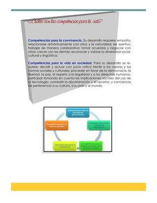 Competencias para la convivencia. Su desarrollo requiere: empatía,
relacionarse armónicamente con otros y la naturaleza; ser asertivo;
trabajar de manera colaborativa; tomar acuerdos y negociar con
otros; crecer con los demás; reconocer y valorar la diversidad social,
cultural y lingüística.

Competencias para la vida en sociedad. Para su desarrollo se re-
quiere: decidir y actuar con juicio crítico frente a los valores y las
normas sociales y culturales; proceder en favor de la democracia, la
libertad, la paz, el respeto a la legalidad y a los derechos humanos;
participar tomando en cuenta las implicaciones sociales del uso de
la tecnología; combatir la discriminación y el racismo, y conciencia
de pertenencia a su cultura, a su país y al mundo.
 