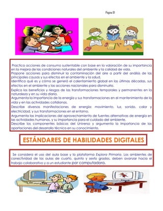 Página 61




 Practica acciones de consumo sustentable con base en la valoración de su importancia
en la mejora de las condiciones naturales del ambiente y la calidad de vida.
Propone acciones para disminuir la contaminación del aire a partir del análisis de las
principales causas y sus efectos en el ambiente y la salud.
Identifica qué es y cómo se generó el calentamiento global en las últimas décadas, sus
efectos en el ambiente y las acciones nacionales para disminuirlo.
Explica los beneficios y riesgos de las transformaciones temporales y permanentes en la
naturaleza y en su vida diaria.
Argumenta la importancia de la energía y sus transformaciones en el mantenimiento de la
vida y en las actividades cotidianas.
Describe diversas manifestaciones de energía: movimiento, luz, sonido, calor y
electricidad, y sus transformaciones en el entorno.
Argumenta las implicaciones del aprovechamiento de fuentes alternativas de energía en
las actividades humanas, y su importancia para el cuidado del ambiente.
Describe los componentes básicos del Universo y argumenta la importancia de las
aportaciones del desarrollo técnico en su conocimiento.



       ESTÁNDARES DE HABILIDADES DIGITALES

  Se considera el uso del aula base y la plataforma Explora Primaria. Los ambientes de
conectividad de las aulas de cuarto, quinto y sexto grados, deben avanzar hacia el
trabajo colaborativo y a un estudiante por computadora.
 