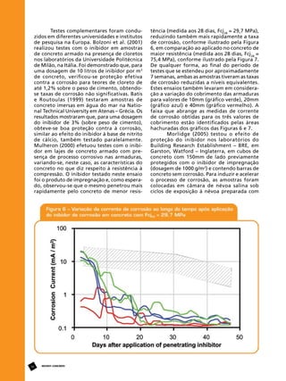 Testes complementares foram conduzidos em diferentes universidades e institutos
de pesquisa na Europa. Bolzoni et al. (2001)
realizou testes com o inibidor em amostras
de concreto armado na presença de cloretos
nos laboratórios da Universidade Politécnica
de Milão, na Itália. Foi demonstrado que, para
uma dosagem de 10 litros de inibidor por m3
de concreto, verificou-se proteção efetiva
contra a corrosão para teores de cloreto de
até 1,2% sobre o peso de cimento, obtendose taxas de corrosão não significativas. Batis
e Routoulas (1999) testaram amostras de
concreto imersas em água do mar na National Technical University em Atenas – Grécia. Os
resultados mostraram que, para uma dosagem
do inibidor de 3% (sobre peso de cimento),
obteve-se boa proteção contra à corrosão,
similar ao efeito do inibidor à base de nitrito
de cálcio, também testado paralelamente.
Mulheron (2000) efetuou testes com o inibidor em lajes de concreto armado com presença de processo corrosivo nas armaduras,
variando-se, neste caso, as características do
concreto no que diz respeito à resistência à
compressão. O inibidor testado neste ensaio
foi o produto de impregnação e, como esperado, observou-se que o mesmo penetrou mais
rapidamente pelo concreto de menor resis-

38

REVISTA CONCRETo

tência (medida aos 28 dias, Fcj28 = 29,7 MPa),
reduzindo também mais rapidamente a taxa
de corrosão, conforme ilustrado pela Figura
6, em comparação ao aplicado no concreto de
maior resistência (medida aos 28 dias, Fcj28 =
75,4 MPa), conforme ilustrado pela Figura 7.
De qualquer forma, ao final do período de
testes que se estendeu por aproximadamente
7 semanas, ambas as amostras tiveram as taxas
de corrosão reduzidas a níveis equivalentes.
Estes ensaios também levaram em consideração a variação do cobrimento das armaduras
para valores de 10mm (gráfico verde), 20mm
(gráfico azul) e 40mm (gráfico vermelho). A
faixa que abrange as medidas de corrente
de corrosão obtidas para os três valores de
cobrimento estão identificados pelas áreas
hachuradas dos gráficos das Figuras 6 e 7.
Morlidge (2005) testou o efeito de
proteção do inibidor nos laboratórios do
Building Research Establishment – BRE, em
Garston, Watford – Inglaterra, em cubos de
concreto com 150mm de lado previamente
protegidos com o inibidor de impregnação
(dosagem de 1000 g/m2) e contendo barras de
concreto sem corrosão. Para induzir e acelerar
o processo de corrosão, as amostras foram
colocadas em câmara de névoa salina sob
ciclos de exposição à névoa preparada com

 