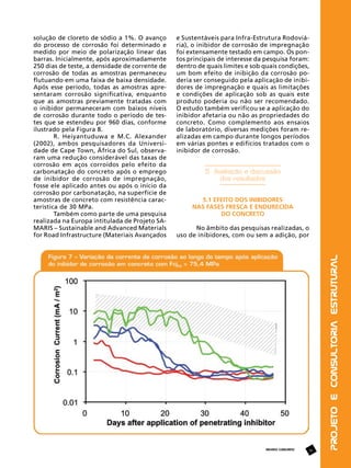 e Sustentáveis para Infra-Estrutura Rodoviária), o inibidor de corrosão de impregnação
foi extensamente testado em campo. Os pontos principais de interesse da pesquisa foram:
dentro de quais limites e sob quais condições,
um bom efeito de inibição da corrosão poderia ser conseguido pela aplicação de inibidores de impregnação e quais as limitações
e condições de aplicação sob as quais este
produto poderia ou não ser recomendado.
O estudo também verificou se a aplicação do
inibidor afetaria ou não as propriedades do
concreto. Como complemento aos ensaios
de laboratório, diversas medições foram realizadas em campo durante longos períodos
em várias pontes e edifícios tratados com o
inibidor de corrosão.

5. Avaliação e discussão
dos resultados
5.1 Efeito dos Inibidores
nas Fases Fresca e Endurecida
do Concreto
No âmbito das pesquisas realizadas, o
uso de inibidores, com ou sem a adição, por

REVISTA CONCRETO

39

Projeto e Consultoria Estrutural

solução de cloreto de sódio a 1%. O avanço
do processo de corrosão foi determinado e
medido por meio de polarização linear das
barras. Inicialmente, após aproximadamente
250 dias de teste, a densidade de corrente de
corrosão de todas as amostras permaneceu
flutuando em uma faixa de baixa densidade.
Após esse período, todas as amostras apresentaram corrosão significativa, enquanto
que as amostras previamente tratadas com
o inibidor permaneceram com baixos níveis
de corrosão durante todo o período de testes que se estendeu por 960 dias, conforme
ilustrado pela Figura 8.
R. Heiyantuduwa e M.C. Alexander
(2002), ambos pesquisadores da Universidade de Cape Town, África do Sul, observaram uma redução considerável das taxas de
corrosão em aços corroídos pelo efeito da
carbonatação do concreto após o emprego
de inibidor de corrosão de impregnação,
fosse ele aplicado antes ou após o início da
corrosão por carbonatação, na superfície de
amostras de concreto com resistência característica de 30 MPa.
Também como parte de uma pesquisa
realizada na Europa intitulada de Projeto SAMARIS – Sustainable and Advanced Materials
for Road Infrastructure (Materiais Avançados

 
