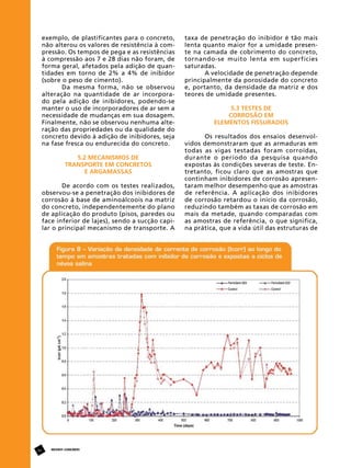 exemplo, de plastificantes para o concreto,
não alterou os valores de resistência à compressão. Os tempos de pega e as resistências
à compressão aos 7 e 28 dias não foram, de
forma geral, afetados pela adição de quantidades em torno de 2% a 4% de inibidor
(sobre o peso de cimento).
Da mesma forma, não se observou
alteração na quantidade de ar incorporado pela adição de inibidores, podendo-se
manter o uso de incorporadores de ar sem a
necessidade de mudanças em sua dosagem.
Finalmente, não se observou nenhuma alteração das propriedades ou da qualidade do
concreto devido à adição de inibidores, seja
na fase fresca ou endurecida do concreto.
5.2 Mecanismos de
Transporte em Concretos
e Argamassas
De acordo com os testes realizados,
observou-se a penetração dos inibidores de
corrosão à base de aminoálcoois na matriz
do concreto, independentemente do plano
de aplicação do produto (pisos, paredes ou
face inferior de lajes), sendo a sucção capilar o principal mecanismo de transporte. A

40

REVISTA CONCRETo

taxa de penetração do inibidor é tão mais
lenta quanto maior for a umidade presente na camada de cobrimento do concreto,
tornando-se muito lenta em superfícies
saturadas.
A velocidade de penetração depende
principalmente da porosidade do concreto
e, portanto, da densidade da matriz e dos
teores de umidade presentes.
5.3 Testes de
Corrosão em
Elementos Fissurados
Os resultados dos ensaios desenvolvidos demonstraram que as armaduras em
todas as vigas testadas foram corroídas,
durante o período da pesquisa quando
expostas às condições severas de teste. Entretanto, ficou claro que as amostras que
continham inibidores de corrosão apresentaram melhor desempenho que as amostras
de referência. A aplicação dos inibidores
de corrosão retardou o início da corrosão,
reduzindo também as taxas de corrosão em
mais da metade, quando comparadas com
as amostras de referência, o que significa,
na prática, que a vida útil das estruturas de

 