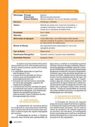 A análise visual dos testemunhos extraídos possibilitou tirar informações preliminares que, posteriormente, seriam confirmadas,
como segue:
	 a rugosidade observada na superfície
	 não ultrapassa 5 mm;
	 o corpo de prova extraído em fissura
	 mostrou que a profundidade foi de 		
	 proximadamente de 5 cm;
	 formação de material branco nas bordas
	 em torno dos agregados, sugestivo de 		
	 reação álcali-agregado;
	 a amostras de concreto retiradas em geral 	
	 se mostraram sem vazios, o que mostra um
	 adensamento adequado, com distribuição
	 regular dos agregados graúdos em 		
	 meio da massa, o que é indicativo da boa 	
	 homogeneização da mistura.
A – Ação agressiva
das águas de contato
O mapeamento de anomalias deixou
em evidencia os vícios executivos existentes,
que contribuíram de forma direta para acelerar a deterioração das regiões segregadas
do concreto.
A necessidade de verificar a influência
exercida nesse sentido pela agressividade da
70

REVISTA CONCRETo

água levou a analisar os compostos químicos
contidos. Amostras de água coletada a diferentes profundidades analisadas, segundo o método da CETESB L007, que trata da agressividade
da água de contato em concretos e argamassas,
indicaram que o teor de sólidos dissolvidos e a
dureza em CaCO3, obtidos foram inferiores aos
limites mínimos estabelecidos de 50 mg/l e 35
mg/l, respectivamente (ver tabela 1), classificando a água de contato como agressiva. Esta
característica da água influenciou a deterioração da estrutura por lixiviação do concreto, não
sendo este o principal motivo como veremos
adiante. A falta de compacidade do concreto
nas juntas também favoreceu a progressão da
desagregação por dissolução.
B. Avaliação da existência
de reação alcali-agregado
A formação de fissuras em algumas
peças estruturais, especificamente as sapatas,
e as feições de reação verificadas visualmente
nos testemunhos extraídos, foram indícios
fortes da existência de reações expansivas
no concreto. Em vista disso, as investigações
foram orientadas para confirmar através de
Análise Petrográfica os indícios de reatividade potencial dos agregados.

 
