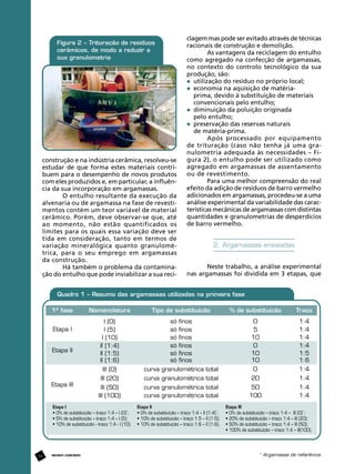 construção e na indústria cerâmica, resolveu-se
estudar de que forma estes materiais contribuem para o desempenho de novos produtos
com eles produzidos e, em particular, a influência da sua incorporação em argamassas.
O entulho resultante da execução da
alvenaria ou de argamassa na fase de revestimentos contém um teor variável de material
cerâmico. Porém, deve observar-se que, até
ao momento, não estão quantificados os
limites para os quais essa variação deve ser
tida em consideração, tanto em termos de
variação mineralógica quanto granulométrica, para o seu emprego em argamassas
da construção.
Há também o problema da contaminação do entulho que pode inviabilizar a sua reci-

74

REVISTA CONCRETo

clagem mas pode ser evitado através de técnicas
racionais de construção e demolição.
As vantagens da reciclagem do entulho
como agregado na confecção de argamassas,
no contexto do controlo tecnológico da sua
produção, são:
	 utilização do resíduo no próprio local;
	 economia na aquisição de matéria-		
	 prima, devido à substituição de materiais 		
	 convencionais pelo entulho;
	 diminuição da poluição originada
	 pelo entulho;
	 preservação das reservas naturais
	 de matéria-prima.
Após processado por equipamento
de trituração (caso não tenha já uma granulometria adequada às necessidades – Figura 2), o entulho pode ser utilizado como
agregado em argamassas de assentamento
ou de revestimento.
Para uma melhor compreensão do real
efeito da adição de resíduos de barro vermelho
adicionados em argamassas, procedeu-se a uma
análise experimental da variabilidade das características mecânicas de argamassas com distintas
quantidades e granulometrias de desperdícios
de barro vermelho.

2. Argamassas ensaiadas
Neste trabalho, a análise experimental
nas argamassas foi dividida em 3 etapas, que

1

Argamassa de referência.

 