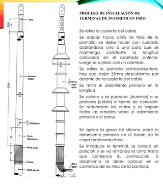 PROCESO DE INSTALACIÓN DE
TERMINAL DE INTERIOR EN FRÍO
Se retira la cubierta del cable
Se doblan hacia atrás los hilos de la
pantalla, se debe hacer con cuidado
doblándolos uno a uno para que se
mantenga constante la longitud
calculada en el apartado anterior.
Luego se sujetan con un alambre.
Se retira la pantalla semiconductora,
hay que dejar 35mm descubiertos por
delante de la cubierta del cable
Se retira el aislamiento primario en la
longitud
Se coloca y se punzona (aluminio) o se
presiona (cobre) el borne de conexión:
Se redondean las aristas y se limpian
todas las rebadas sobre el asilamiento
primario y el borne.
Se aplica la grasa de silicona sobre el
aislamiento primario en el borde de la
capa semiconductora.
Se introduce el terminal, se coloca en
posición y se va retirando la cinta hasta
que comience la contracción. El
aislamiento se debe colocar en el
comienzo de los hilos de la pantalla.
 