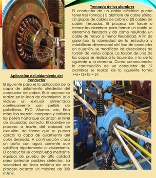Trenzado de los alambres
El conductor de un cable eléctrico puede
tener tres formas: (1) alambre de cobre sólido,
(2) grupos de cables de cobre o (3) cables de
cobre trenzados. El proceso de torcer o
trenzar los alambres para formar un cable se
denomina trenzado y da como resultado un
cable de mayor o menor flexibilidad. A fin de
garantizar la idoneidad de la estructura y
estabilidad dimensional del tipo de conductor
en cuestión, se modifican las direcciones de
torsión de varias capas. La torsión de una de
las capas se realiza a la izquierda, y la de la
siguiente a la derecha. Como consecuencia,
la construcción de un conductor de 37
alambres se realiza de la siguiente forma
1+6+12+18 = 37.Aplicación del aislamiento del
conductor
El siguiente paso es la aplicación de la
capa de aislamiento alrededor del
conductor de cobre. Este proceso se
realiza en la línea de aislamiento, que
incluye un extrusor alimentado
continuamente con pellets de
polietileno, PVC, Afumex, etc. Esta
máquina mezcla, compone y calienta
los pellets hasta que alcanzan el nivel
de viscosidad correcto. El alambre se
procesa a través del cabezal de
extrusión, de forma que se pueda
aplicar la capa de aislamiento del
color deseado. A continuación cruza
un baño con agua corriente que
solidifica rápidamente el aislamiento.
El conductor se comprueba mediante
equipos de prueba de alta calidad
para detectar posibles defectos. La
velocidad de línea máxima de este
proceso alcanza un máximo de 300
m/min.
 