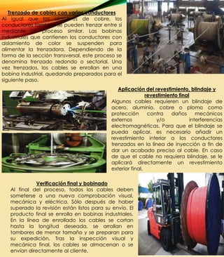 Trenzado de cables con varios conductores
Al igual que los alambres de cobre, los
conductores también se pueden trenzar entre sí
mediante un proceso similar. Las bobinas
industriales que contienen los conductores con
aislamiento de color se suspenden para
alimentar la trenzadora. Dependiendo de la
forma de la sección transversal, este proceso se
denomina trenzado redondo o sectorial. Una
vez trenzados, los cables se enrollan en una
bobina industrial, quedando preparados para el
siguiente paso.
Aplicación del revestimiento, blindaje y
revestimiento final
Algunos cables requieren un blindaje de
acero, aluminio, cobre o plomo como
protección contra daños mecánicos
externos y/o interferencias
electromagnéticas. Para que el blindaje se
pueda aplicar, es necesario añadir un
revestimiento interior a los conductores
trenzados en la línea de inyección a fin de
dar un acabado preciso al cable. En caso
de que el cable no requiera blindaje, se le
aplicará directamente un revestimiento
exterior final.
Verificación final y bobinado
Al final del proceso, todos los cables deben
someterse a una nueva comprobación visual,
mecánica y eléctrica. Sólo después de haber
superado la revisión están listos para su envío. El
producto final se enrolla en bobinas industriales.
En la línea de enrollado los cables se cortan
hasta la longitud deseada, se arrollan en
tambores de menor tamaño y se preparan para
su expedición. Tras la inspección visual y
mecánica final, los cables se almacenan o se
envían directamente al cliente.
 