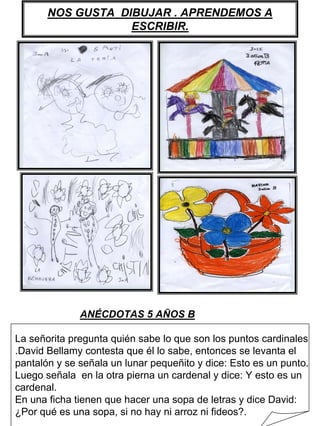 NOS GUSTA DIBUJAR . APRENDEMOS A
                   ESCRIBIR.




              ANÉCDOTAS 5 AÑOS B

La señorita pregunta quién sabe lo que son los puntos cardinales
.David Bellamy contesta que él lo sabe, entonces se levanta el
pantalón y se señala un lunar pequeñito y dice: Esto es un punto.
Luego señala en la otra pierna un cardenal y dice: Y esto es un
cardenal.
En una ficha tienen que hacer una sopa de letras y dice David:
¿Por qué es una sopa, si no hay ni arroz ni fideos?.
 