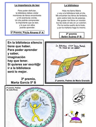 La importancia de leer                  La biblioteca

            Para poder disfrutar,              Hola me llamo María
         la biblioteca debes visitar      y voy a la biblioteca todo el día.
       montones de libros encontrarás   Me encantan los libros de fantasía,
           y mil aventuras vivirás.      pero sobre todo los de poesías.
        Un día podrás comprender          Me gustan los libros un montón
         lo importante que es leer,     los leo todo el rato en un colchón.
             y lo que con ellos           Por la noche sueño de lo lindo,
              podrás aprender.           y por la mañana hago lo mismo.

     1º Premio, Paula Álvarez 5º A
                                                  2º premio
                                              Belén Suárez 5º B

 En la biblioteca silencio
 tiene que haber.
 Para poder aprender
 y saber,
 imaginación
 hay que tener.
 Si quieres ser escrit@r
 ir a la biblioteca
 será lo mejor.

            3º premio,                  2º premio, Padres de María Granado
                                                             Marí
     Marta García 5º B
3º premio, Padres
de Julia Rivas
 