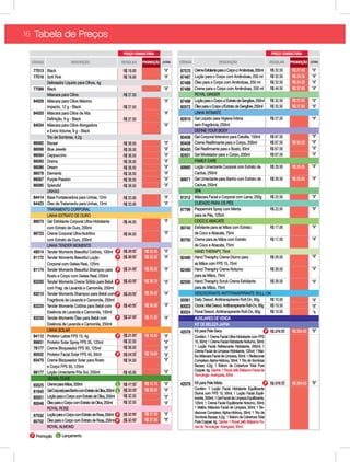16 Tabela de Preços
P Promoção
“A”
“A”
“A”
“A”
“A”
“A”
“A”
“A”
“A”
“A”
“A”
“A”
“A”
“A”
“A”
“A”
“A”
“A”
“A”
“A”
“A”
“A”
“A”
“A”
“A”
“A”
“A”
“A”
“A”
“A”
“A”
“A”
“A”
“A”
“A”
“A”
“A”
“A”
R$ 25.05
R$ 33.55
R$ 26.35
R$ 36.10
R$ 28.45
R$ 36.95
R$ 31.85
R$ 16.80
R$ 19.60
R$ 15.75
R$ 29.25
R$ 27.60
R$ 27.60
R$ 18.00
R$ 18.00
R$ 21.00
R$ 27.50
R$ 27.50
R$ 27.50
R$ 38.50
R$ 38.50
R$ 38.50
R$ 38.50
R$ 38.50
R$ 38.50
R$ 38.50
R$ 38.50
R$ 38.50
R$ 23.00
R$ 23.00
R$ 44.50
R$ 94.50
R$ 29.50
R$ 39.50
R$ 31.00
R$ 42.50
R$ 33.50
R$ 43.50
R$ 37.50
R$ 21.00
R$ 32.50
R$ 36.50
R$ 24.50
R$ 34.50
R$ 45.00
R$ 17.50
R$ 32.50
R$ 32.50
R$ 32.50
R$ 32.50
R$ 32.50
R$ 32.50
R$ 32.50
R$ 32.50
R$ 44.50
R$ 32.50
R$ 32.50
R$ 27.50
R$ 67.50
R$ 67.50
R$ 67.50
R$ 67.50
R$ 28.50
R$ 28.50
R$ 22.50
R$ 22.50
R$ 17.00
R$ 17.00
R$ 28.50
R$ 28.50
R$ 28.50
R$ 10.50
R$ 10.50
R$ 10.50
R$ 378.50
R$ 378.50
“A”
“A”
“A”
“A”
“A”
“A”
“A”
“A”
“A”
“A”
“A”
“A”
“A”
“A”
“A”
“A”
“A”
“A”
“A”
“A”
“A”
“A”
“A
“B”
“B”
R$ 27.60
R$ 24.35
R$ 24.35
R$ 37.80
R$ 27.60
R$ 27.60
R$ 50.00
R$ 25.65
R$ 25.65
R$ 284.00
R$ 284.00
87570
87487
87488
87489
87499
80372
82810
80406
80409
80433
82831
89960
89971
81312
87796
80740
80750
82480
82490
82500
00361
80023
80024
42078
42079
ROLL-ON
77013
77016
77089
94029
94033
94034
86082
86088
86084
86083
86086
86078
86087
86085
84414
84423
89573
88723
48014
81172
81174
83200
83210
83220
83230
94112
89931
78177
80502
83470
88177
83525
81643
80051
80048
87532
85752
P
P
CremeEsfolianteparaoCorpoc/Amêndoas,200ml
Loção para o Corpo com Amêndoas, 250 ml
Óleo para o Corpo com Amêndoas, 250 ml
Creme para o Corpo com Amêndoas, 250 ml
ROYAL GINGER
LoçãoparaoCorpoc/ExtratodeGengibre,250ml
ÓleoparaoCorpoc/ExtratodeGengibre,250ml
LINHA INTIMATE
Gel Líquido para Higiene Íntima
sem Fragrância, 250ml
DEFINE YOUR BODY
Gel Corporal Intensivo para Celulite, 150ml
Gel Modelador para o Corpo, 200ml
FAMILY CARE
Loção Umectante Corporal com Extrato de
Cactus, 250ml
Gel Umectante para Banho com Extrato de
Cactus, 250ml
SPA
Máscara Facial e Corporal com Lama, 250g
CUIDADO PARA OS PÉS
Peppermint Spray com Menta
para os Pés, 125ml
COCO E ABACATE
Esfoliante para as Mãos com Extrato
de Coco e Abacate, 75ml
Creme para as Mãos com Extrato
de Coco e Abacate, 75ml
HAND THERAPY, 75ml
Hand Theraphy Creme Diurno para
as Mãos com FPS 15, 75ml
Hand Theraphy Creme Noturno
para as Mãos, 75ml
Hand Theraphy Scrub Creme Esfoliante
para as Mãos, 75ml
DESODORANTE ANTITRANSPIRANTE
Daily Desod. Antitranspirante Roll-On, 60g
OzonicMistDesod.AntitranspiranteRoll-On,60g
Floral Desod. Antitranspirante Roll-On, 60g
AUXILIARES DE VENDA
KIT DE BELEZA JAFRA
Kit para Pele Seca
Contém: 1 Creme Facial Ultra-Hidratante com FPS
15, 50ml; 1 Creme Facial Hidratante Noturno, 50ml;
1 Loção Facial Refrescante Hidratante, 200ml; 1
Creme Facial de Limpeza Hidratante, 125ml; 1 Mal-
ibu Máscara Facial de Limpeza, 50ml; 1 Rediscover
Complexo Alpha-Hidroxy, 30ml; 1 Trio de Sombras
Bazaar, 4,2g; 1 Batom de Cobertura Total Pure
Copper, 4g. Ganhe: 1 Royal Jelly Bálsamo Facial de
Tecnologia Avançada, 30ml.
Kit para Pele Mista
Contém: 1 Loção Facial Hidratante Equilibrante
Diurna com FPS 15, 50ml; 1 Loção Facial Equili-
brante,200ml;1GelFacialdeLimpezaEquilibrante,
125ml; 1 Creme Facial Equilibrante Noturno, 50ml;
1 Malibu Máscara Facial de Limpeza, 50ml; 1 Re-
discover Complexo Alpha-Hidroxy, 30ml; 1 Trio de
Sombras Bazaar, 4,2g; 1 Batom de Cobertura Total
Pure Copper, 4g. Ganhe: 1 Royal Jelly Bálsamo Fa-
cial de Tecnologia Avançada, 30ml.
Black
Soft Pink
Delineador Líquido para Olhos, 4g
Black
Máscara para Cílios
Máscara para Cílios Máximo
Impacto, 12 g - Black
Máscara para Cílios de Alta
Máscara para Cílios Alongadora
e Extra Volume, 9 g - Black
Trio de Sombras, 4,2g
Bazaar
Blue Jewels
Cappuccino
Drama
Dream
Elements
Purple Passion
Splendid
UNHAS
Base Fortalecedora para Unhas, 12ml
Óleo de Tratamento para Unhas, 12ml
TRATAMENTO CORPORAL
LINHA EXTRATO DE OURO
Gel Esfoliante Corporal Ultra-Hidratante
com Extrato de Ouro, 200ml
Creme Corporal Ultra-Nutritivo
com Extrato de Ouro, 200ml
LINHA TENDER MOMENTS
Tender Moments Beeutiful Colônia, 100ml
Tender Moments Beeutiful Loção
Corporal com Geleia Real, 125ml
Tender Moments Beeutiful Shampoo para
Rosto e Corpo com Geleia Real, 250ml
Tender Moments Creme Sólido para Bebê
com Frag. de Lavanda e Camomila, 250ml
Tender Moments Shampoo para Bebê com
Fragrância de Lavanda e Camomila, 250ml
Tender Moments Colônia para Bebê com
Essência de Lavanda e Camomila, 100ml
Tender Moments Óleo para Bebê com
Essência de Lavanda e Camomila, 250ml
LINHA SOLAR
Protetor Labial FPS 15, 4g
Protetor Solar Spray FPS 35, 125ml
Creme Bloqueador FPS 30, 125ml
Protetor Facial Solar FPS 40, 50ml
Creme Bloqueador Solar para Rosto
e Corpo FPS 50, 125ml
Loção Umectante Pós Sol, 250ml
ROYAL OLIVE
CremeparaMãos,200ml
GelCorporalparaBanhocomExtratodeOliva,200ml
LoçãoparaoCorpocomExtratodeOliva,250ml
ÓleoparaoCorpocomExtratodeOliva,250ml
ROYAL ROSE
LoçãoparaoCorpocomExtratodeRosa,250ml
ÓleoparaoCorpocomExtratodeRosa,250ml
ROYAL ALMOND
L Lançamento
P
P
P
P
P
P
P
P
P
L
L
P
P
 