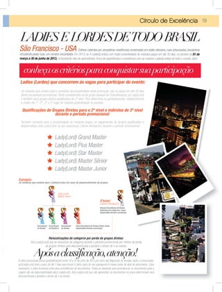 Círculo de ExcelênciaCírcrculo de Excxcelênciancia
São Francisco - USA Colinas cobertas por simpáticas residências construídas em estilo vitoriano,ruas arborizadas,bondinhos
circulando pelas ruas,um cenário encantador.Em 2013,as 4 Ladies(Lordes) com maior produtividade de módulos pagos em até 30 dias,no período de 01 de
março a 30 de junho de 2013,conquistarão dias de aprendizado,troca de experiências e convivência com as maiores Ladies(Lordes) de todo o mundo Jafra.
Exemplo:
de módulos que contam para Ladies(Lords) em caso de desprendimento de grupos:
Lady(Lord) Grand Master
Lady(Lord) Plus Master
Lady(Lord) Star Master
Lady(Lord) Master Sênior
Lady(Lord) Master Junior
Os módulos que contam para a somatória da produtividade desta promoção, são os pagos em até 30 dias
dentro do período promocional. Serão considerados os do grupo pessoal de Consultoras(es) da Lady(Lord)
e também seus grupos diretos qualiﬁcados de 2º nível. Para determinar as ganhadoras(es), obedeceremos
a ordem de 1º, 2º, 3º e 4º lugar de máxima produtividade no período.
Qualiﬁcações de Grupos Diretos para o 2º nível e indiretos de 3º nível
durante o período promocional:
Também contarão para a produtividade de módulos pagos, os pagamentos de grupos qualificados e
desprendidos pela Lady(Lord) ou por suas(seus) Líderes diretas(os) durante o período promocional.
Lady (Lord)
Master Junior
Executiva(o)
de Vendas
Executiva(o)
de Vendas A
Executiva(o)
de Vendas
Nova Executiva(o) de Vendas Direta.Grupo
desprendido durante a promoção
Ladies (Lordes) que concorrem às vagas para participar do evento:
conheçaoscritériosparaconquistarsuaparticipação
3ºnível:
Líderes Indiretas(os)
LADIESELORDESDETODOBRASIL
Relocalizações de categoria por perda de grupos diretos:
A(o) Lady(Lord) que se relocalizar de categoria durante o período promocional por motivo de perda
de grupos diretos será desclassiﬁcada e perderá o direito de ir ao evento.
Apósaclassificação,atenção!
A Jafra comunicará às(os) ganhadoras(es) entre 10 a 15 de julho de 2013 por meio das Regionais de Vendas. Após o comunicado,
a(o)Lady(Lord) terá o prazo de até 7 dias para enviar à Jafra cópia do seu passaporte 6 meses antes da data de vencimento. Caso
necessário, a Jafra fornecerá carta para providências de documentos. Todas as despesas para providenciar os documentos para a
viagem são de responsabilidade da(o) Lady(Lord). A(o) Lady(Lord) que não apresentar os documentos no prazo determinado será
desclassiﬁcada e perderá o direito de ir ao evento.
19
conheçaoscritériosparaconquistarsuaparticipação
dias
ord)
mos
el
os e
.
nto:
Nova(o) Executiva(o) de Vendas
Indireta(o) da Lady(Lord). Grupo
desprendido durante a promoção
 