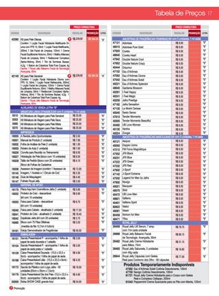 Tabela de Preços 17
                                                                PREÇO CONSULTORA                                                                   PREÇO CONSULTORA

CÓDIGO                     DESCRIÇÃO                           REGULAR    PROMOÇÃO     LETRA   CÓDIGO                 DESCRIÇÃO                   REGULAR     PROMOÇÃO     LETRA


42080 Kit para Pele Oleosa                                  P R$ 378.50    R$ 284.00   “A”              AMOSTRAS DE FRAGRÂNCIAS FEMININAS (kit com 5 unidades, 1 ml cada)
         Contém: 1 Loção Facial Hidratante Matificante Di-                                     47121    Adorisse                                    R$ 8.00               “B”
         urna com FPS 15, 50ml; 1 Loção Facial Matificante,                                    46010    Adorisse Pure Gold                          R$ 8.00               “B”
         200ml; 1 Gel Facial de Limpeza, 125ml; 1 Creme                                        47920    Coreta                                      R$ 8.00               “B”
                                                                                                                                                )
         Facial Equilibrante Noturno, 50ml; 1 Malibu Máscara                                   48840    Coreta Heart                                R$ 8.00               “B”
         Facial de Limpeza, 50ml; 1 Rediscover Complexo                                        47942                                                                      “B”
                                                                                                        Double Nature Cool                          R$ 8.00
         Alpha-Hidroxy, 30ml; 1 Trio de Sombras Bazaar,                                                                                                                   “B”
                                                                                               47952    Double Nature Crazy                         R$ 8.00
         4,2g; 1 Batom de Cobertura Total Pure Copper, 4g
         Ganhe: 1 Royal Jelly Bálsamo Facial de Tecnologia                                     40444    Draumur                                     R$ 8.00               “B”
         Avançada, 30ml.                                                                       47152    Eau d’Arômes                                R$ 8.00               “B”
42140 Kit para Pele Sensível                                P R$ 378.50    R$ 284.00   “A”     47052    Eau d’Arômes Ozone                          R$ 8.00               “B”
         Contém: 1 Loção Facial Hidratante Diurna com                                          47042    Eau d’Arômes Soleil                         R$ 8.00               “B”
         FPS 15, 50ml; 1 Loção Facial Refrescante, 200ml;                                                                                                                 “B”
         1 Loção Facial de Limpeza, 125ml; 1 Creme Facial
                                                                                               40221    Eau d’Arômes Splendor                       R$ 8.00
         Equilibrante Noturno, 50ml; 1 Malibu Máscara Facial                                   48640    Gardenia Blossom                            R$ 8.00               “B”
         de Limpeza, 50ml; 1 Rediscover Complexo Alpha-                                        40261    I Feel Happy                                R$ 8.00               “B”
         Hidroxy, 30ml; 1 Trio de Sombras Bazaar, 4,2g; 1
         Batom de Cobertura Total Pure Copper, 4g.                                             40241    I Feel Magic                                R$ 8.00               “B”
         Ganhe: 1 Royal Jelly Bálsamo Facial de Tecnologia                                     40200    Jafra Prestige                              R$ 8.00               “B”
         Avançada, 30ml.                                                                       47162    Jafra Sensation                             R$ 8.00               “B”
         AUXILIARES DE VENDA LETRA “B”                                                         47130    Le Moiré Cerisse                            R$ 8.00               “B”
         MINIATURA LINHA DYNAMICS (kit com 5 unidades, 1 ml cada)                              40040    Sesto Senso                                 R$ 8.00               “B”
 5510    Kit Miniatura de Viagem para Pele Sensível  R$ 25.00                          “B”     47913    Tender Moments                                                    “B”
                                                                                                                                                    R$ 8.00
 5553    Kit Miniatura de Viagem para Pele Seca      R$ 25.00                          “B”     40005    Tender Moments Beeutiful                                          “B”
                                                                                                                                                    R$ 8.00
 5560    Kit Miniatura de Viagem para Pele Mista     R$ 25.00                          “B”     40492    UB Love Women                                                     “B”
                                                                                                                                                    R$ 8.00
 5570    Kit Miniatura de Viagem para Pele Oleosa    R$ 25.00                          “B”     40130    Varsha                                                            “B”
                                                                                                                                                    R$ 8.00
         IMPRESSOS                                                                             40024    Zoogar                                      R$ 8.00               “B”
16000    A Revista Jafra Oportunidades                         R$ 3.50                 “B”              AMOSTRAS DE FRAGRÂNCIAS MASCULINAS (kit com 5 unidades, 1 ml cada
16001    Manual de Produto (1 unidade)                         R$ 7.90                 “B”     40121    Aequor                                      R$ 8.00               “B”
16002    Folha de Análise de Pele (1 unidade)                  R$ 1.00                 “B”     40050    Doppio Uomo                                 R$ 8.00               “B”
16003    Roteiro de Aula (1 unidade)                           R$ 7.00                 “B”     47212    FM Force Magnétique                         R$ 8.00               “B”
                                                                                                                                                  )
16026    Convite para Reunião ou Treinamento                   R$ 6.00                 “B”     47352    JF9 Black                                   R$ 8.00               “B”
16027    Hidratação de Pele (bloco com 10 unidades)            R$ 6.50                 “B”     40231    JF9 Blue                                    R$ 8.00               “B”
16028    Talão de Pedido (bloco com 20 unidades)               R$ 4.10                 “B”     47222    JF9 Green                                   R$ 8.00               “B”
         Bloco de Folhas de Cadastros                                                          47232    JF9 Red                                     R$ 8.00               “B”
16036    Assessor de Imagem (contém 1 Assessor de              R$ 12.00                “B”     47932    J-Sport                                     R$ 8.00               “B”
16145    Imagem, 1 Acetato e 1 Círculo de Cor)                 R$ 3.30                 “B”     47142    J-Sport Extreme                             R$ 8.00               “B”
16146    Guia de Maquiagem                                     R$ 4.40                 “B”     47202    Legend for Men by Jafra                     R$ 8.00               “B”
16147    Folheto Royal Jelly                                   R$ 2.00                 “B”     47802    Navigo                                      R$ 8.00               “B”
         MATERIAL DE APOIO                                                                     40021    Neuquen                                     R$ 8.00               “B”
16170    Placa Aqui tem Cosméticos Jafra (1 unidade)           R$ 5.80                 “B”     48570    Skid                                        R$ 8.00               “B”
16032    Protetor de Colo - descartável                        R$ 8.90                 “B”     40472    UB Love Men                                 R$ 8.00               “B”
         (kit com 10 unidades)                                                                 48821    Valferra                                    R$ 8.00               “B”
16033    Faixa para Cabelo - descartável                       R$ 6.70                 “B”     40401    Valferra Spirit                             R$ 8.00               “B”
         (kit com 10 unidades)                                                                 80622    Vaslui                                      R$ 8.00               “B”
16040    Faixa para Cabelo - atoalhada (1 unidade)             R$ 17.50                “B”     48081    Vesen                                       R$ 8.00               “B”
16041    Protetor de Colo - atoalhado (1 unidade)              R$ 19.40                “B”     80458    Xenium for Men                              R$ 8.00               “B”
16042    Espátulas Jafra (kit com 20 unidades)                 R$ 2.75                 “B”     48471    YitsuPOIO                                   R$ 8.00               “B”
16065    Bloco com 75 Fitas Olfativas                          R$ 3.50                 “B”              ROYAL JELLY
          (medida da fita 12,7cm X 0,8cm)                                                      26459    Royal Jelly Lift Serum, 7 amp.              R$ 78.75              “B”
16161    Estojo Demonstrador de Fragrâncias                    R$ 45.00                “B”              com 7ml cada unidade
         EMBALAGEM                                                                     “B”     26988    Royal Jelly Bálsamo Facial                  R$ 66.15              “B”
16101    Sacola Presenteável P - acompanha 1 folha de          R$ 3.00                 “B”              de Tecnologia Avançada, 30ml
         papel de seda dourada e 1 adesito                                                     26462    Royal Jelly Creme Hidratante                R$ 31.15              “B”
16104    Sacola Presenteável P - acompanha 1 folha de          R$ 3.00                 “B”              para Mãos, 75ml
         papel de seda prata e 1 adesito                                                       26463    Royal Jelly Sabonete, 5 unidades            R$ 16.80              “B”
16128    Caixa Presenteável Dourada - (15,5 x 22,5 x           R$ 4.90                 “B”              com 40g cada
         9cm) - acompanha 1 folha de papel de seda                                             26844    Royal Jelly Cápsulas com Geleia             R$ 77.00              “B”
16166    Caixa Presenteável Lilás - (15,5 x 22,5 x 9cm) -      R$ 4.20                 “B”              Real para Contorno dos Olho - 60 cápsulas
         acompanha 1 folha de papel de seda
16172    Sacola de Plástico com Logo Jafra - 50                R$ 18.00
                                                                                                         Produtos Temporariamente Indisponíveis
                                                                                       “B”                47382 Eau d’Arômes Soleil Colônia Desodorante, 100ml
         unidades (25cm x 35cm x 7,5cm)                                                                   47730 Navigo Colônia Desodorante, 100ml
16176    Caixa Presenteável Dia dos Pais- (15,5 x 22,5 x       R$ 4.90                 “B”                81721 Royal Jelly Creme Hidratante para o Corpo com Geleia
         9cm) - acompanha 1 folha de papel de seda                                                              Real e Complexo Cellspan, 200ml
50000    Bolsa SHOW CASE grande Azul                           R$ 54.00                “B”                81043 Peppermint Creme Suavizante para os Pés com Menta, 125ml

P Promoção
 