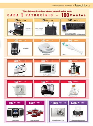 Consultoras(es) e Líderes                  - Patrocínio 05

                          Veja a listagem de pontos e prêmios que você poderá trocar:

CADA                 1           PATROCÍNIO =                                                             100 P o n t o s
        100 P o n t o s                                         100 P o n t o s                                           100 P o n t o s

                             • Pasta Jafra +      • Bolsa Preta Jafra
                             • Calculadora          com Forro Lilás

                                                                                                                    • Porta Amostra Jafra +
                                                                                                                    • 5 Conjunto de Amostras de Fragrâncias 5ml




        200 P o n t o s                                         200 P o n t o s                                          200 P o n t o s

                          • Cafeteira




                                                                    • Sanduicheira                          • Mixer




        300 P o n t o s                                         300 P o n t o s                                          300 P o n t o s



      • Ferro de Passar Roupas                                   • Mini Forno Elétrico                                        • Centrifugadora




        400 P o n t o s                                         400 P o n t o s                                          400 P o n t o s




            • Batedeira                                            • Mini Processador                                     • Telefone sem Fio




500 P o n t o s                         500 P o n t o s                              1.000 P o n t o s                         1.000 P o n t o s




   • Micro Sistem                        • Jogo de Panelas                               • Camera Digital 14.1 MP                • Impressora Multifuncional
 